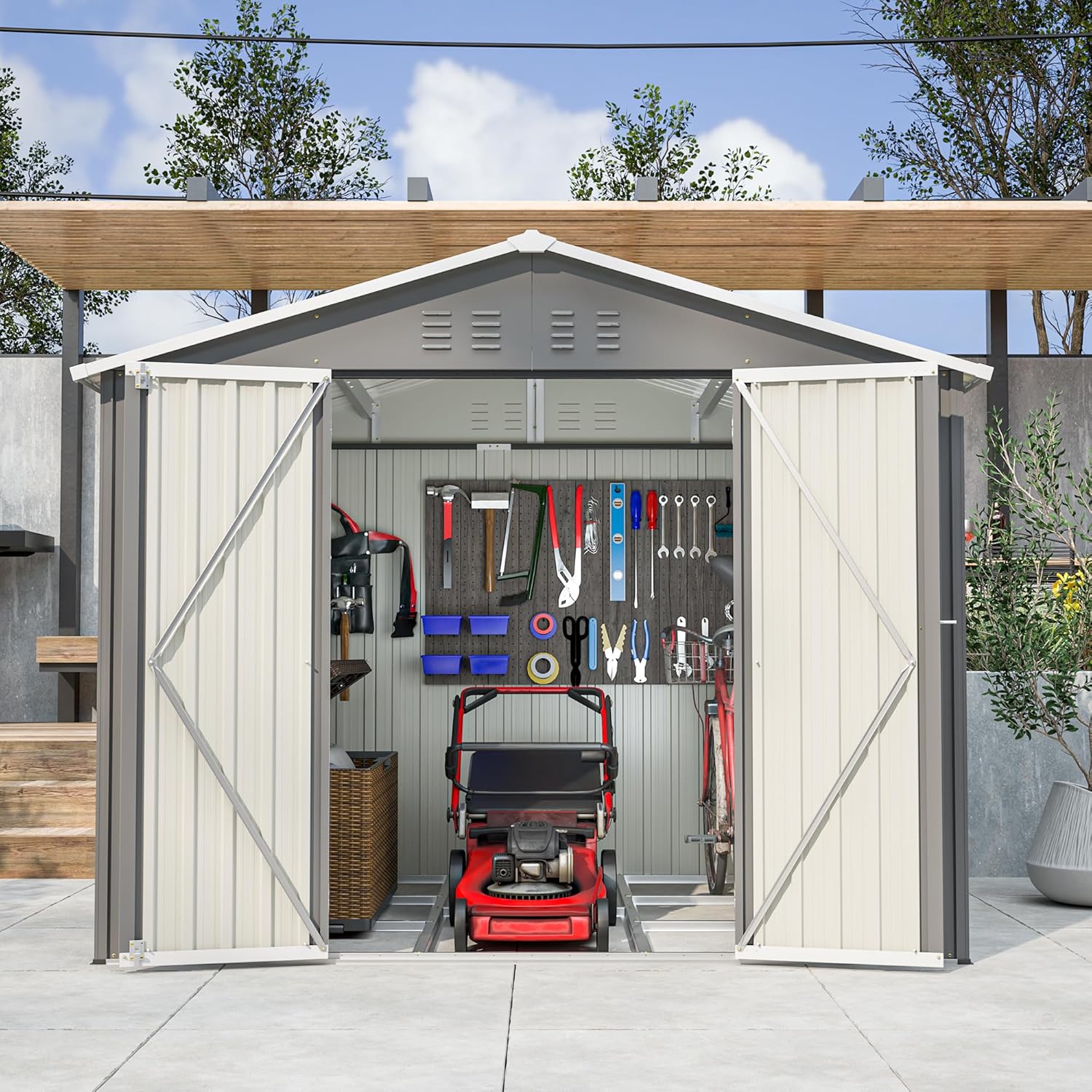 Metall Gerätehaus 9m³ Gerätehaus mit Pultdach,Gartenhaus Geräteschuppen Garten Schuppen Inkl. Metallfundament (ohne Boden), Geräteschrank für Garten,Grau