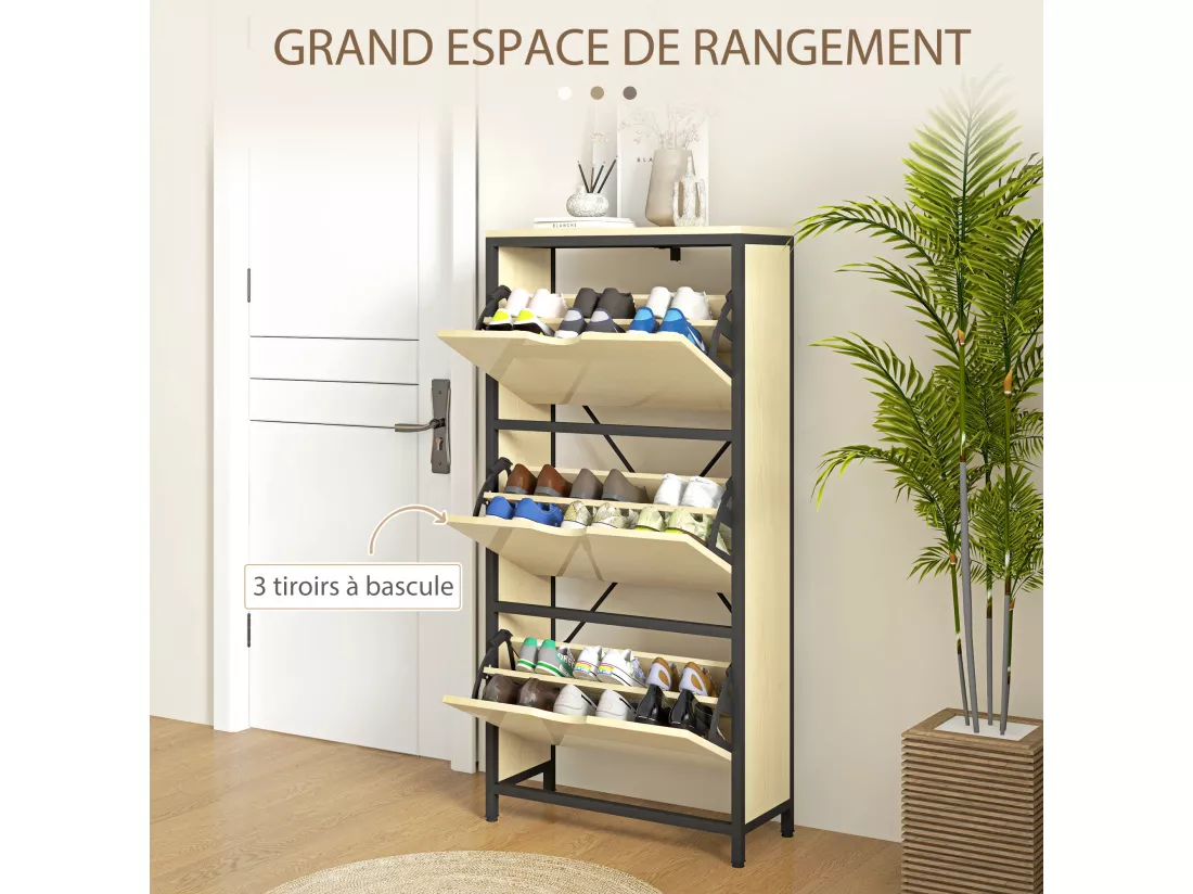 Meuble à chaussures 3 portes abattants - étagères réglables - dim. 60L x 24l x 124H cm - acier noir aspect bois