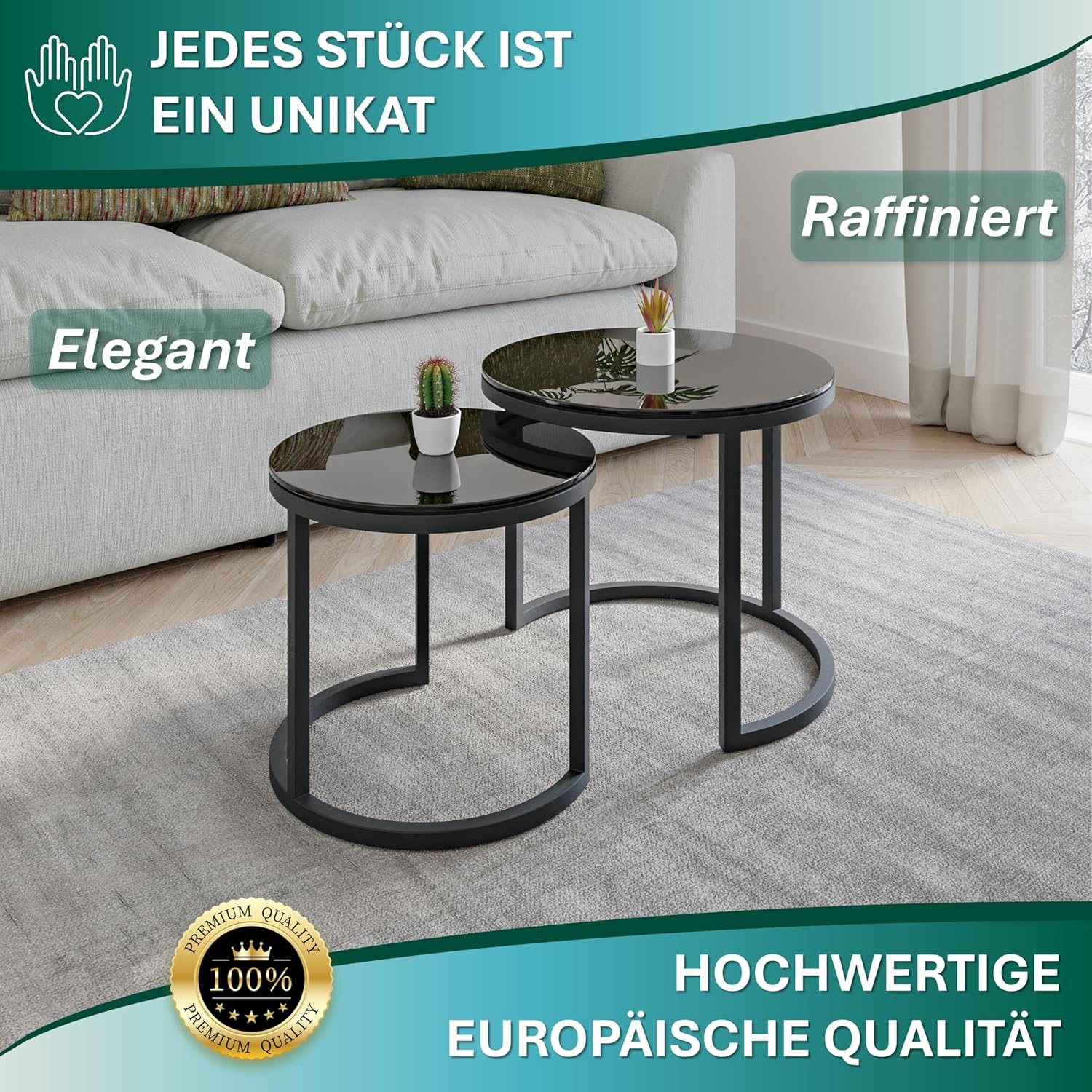 Modena, Couchtisch 2er Set aus Gehärtetem Glas und Stahl, Handgefertigt in Europa, Beistelltisch, Wohnzimmertisch, Coffee Table, Schwarz, Rund, Ø50x43 cm / Ø40x38 cm