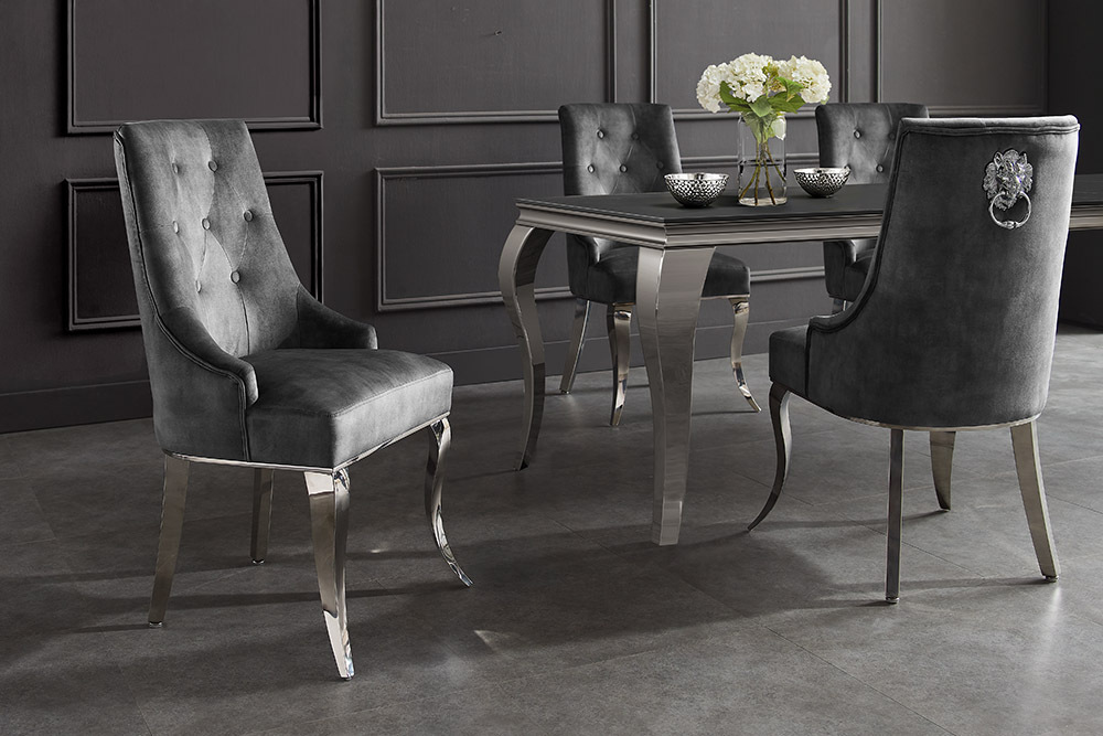 Stuhl MODERN BAROCK DELUXE grau Samt silber Edelstahlbeine mit Löwenkopf