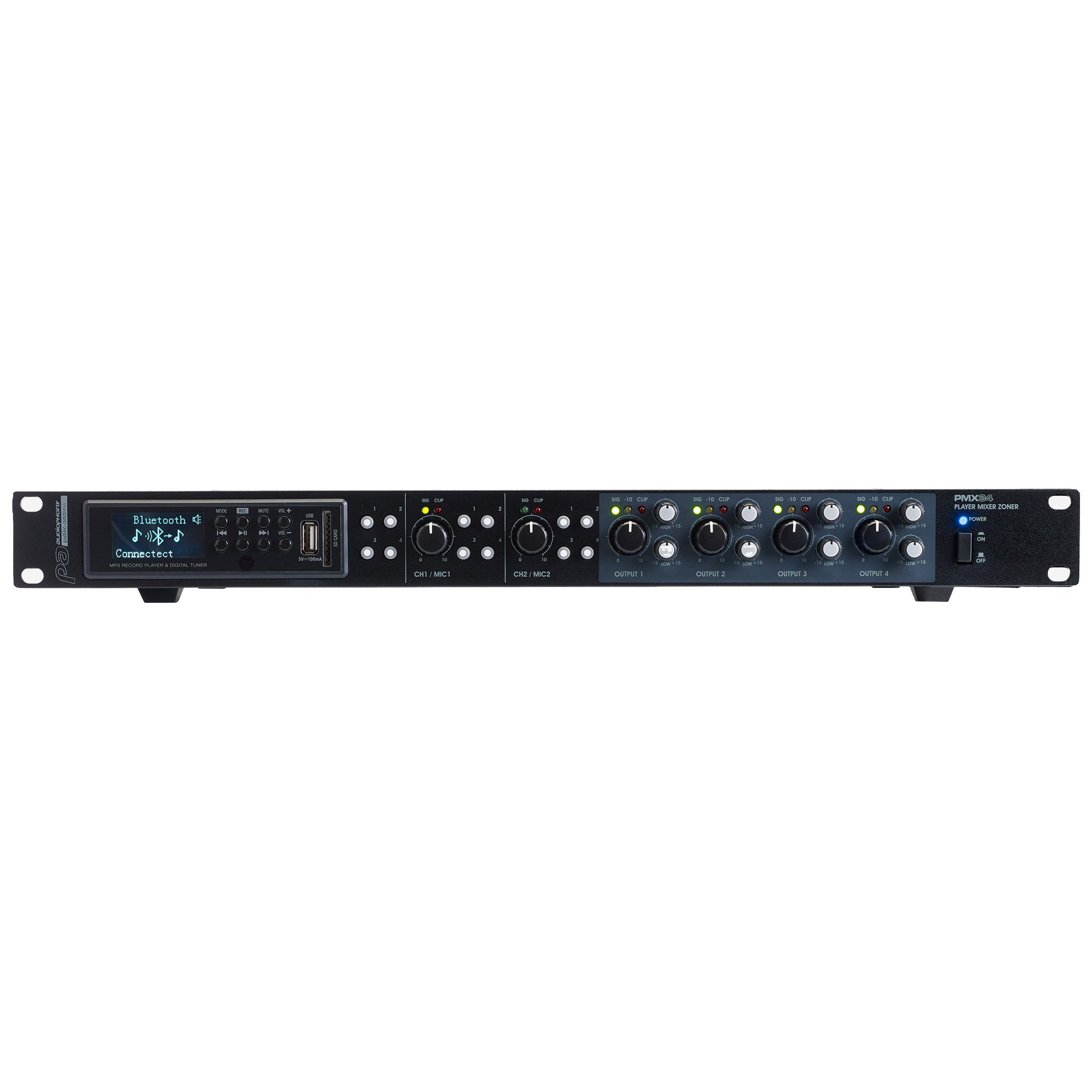 Audiophony PMX34 mixer 4 zones + multimediaspeler USB/SD/Bluetooth