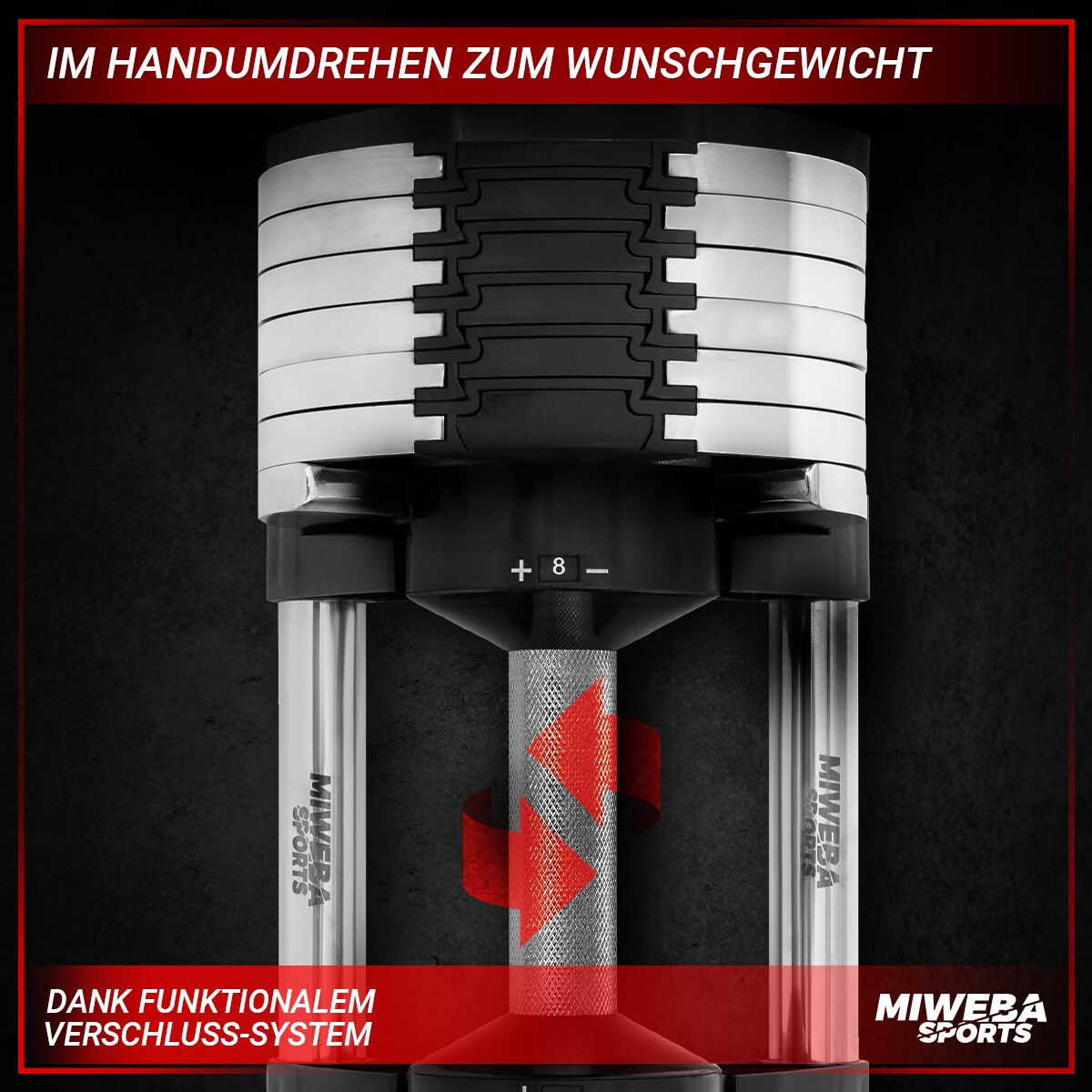 Miweba Sports verstellbare Kurzhantel VH100, Stahl, 4-24 kg, funktionales Verschluss-System, Gestell
