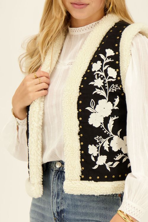 Zwart-wit teddy gilet met embroidery