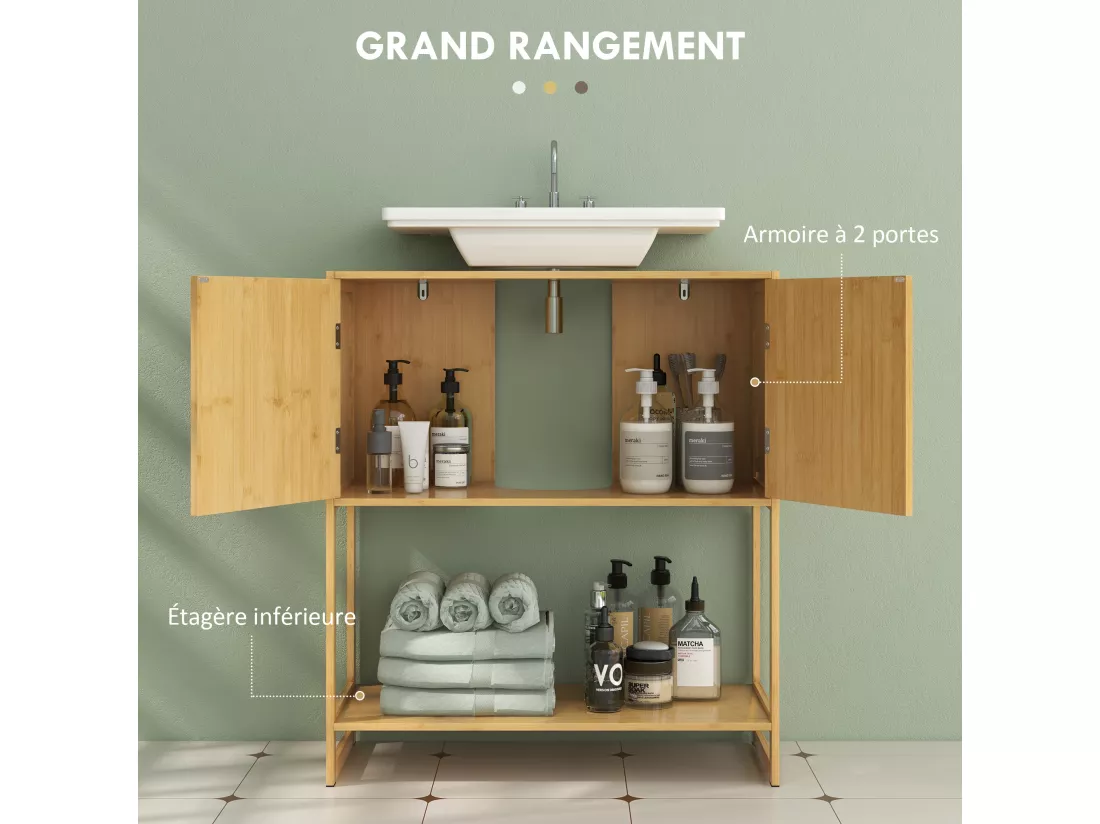 Meuble sous vasque 2 portes étagère - dim. 70L x 33l x 79,5H cm - bambou