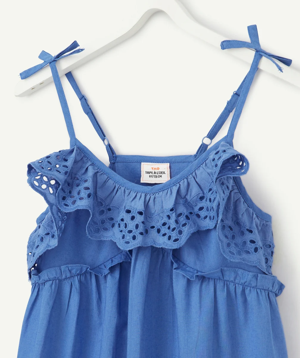 ROBE MI-LONGUE FILLE BLEUE AVEC VOLANTS ET BRODERIE ANGLAISE