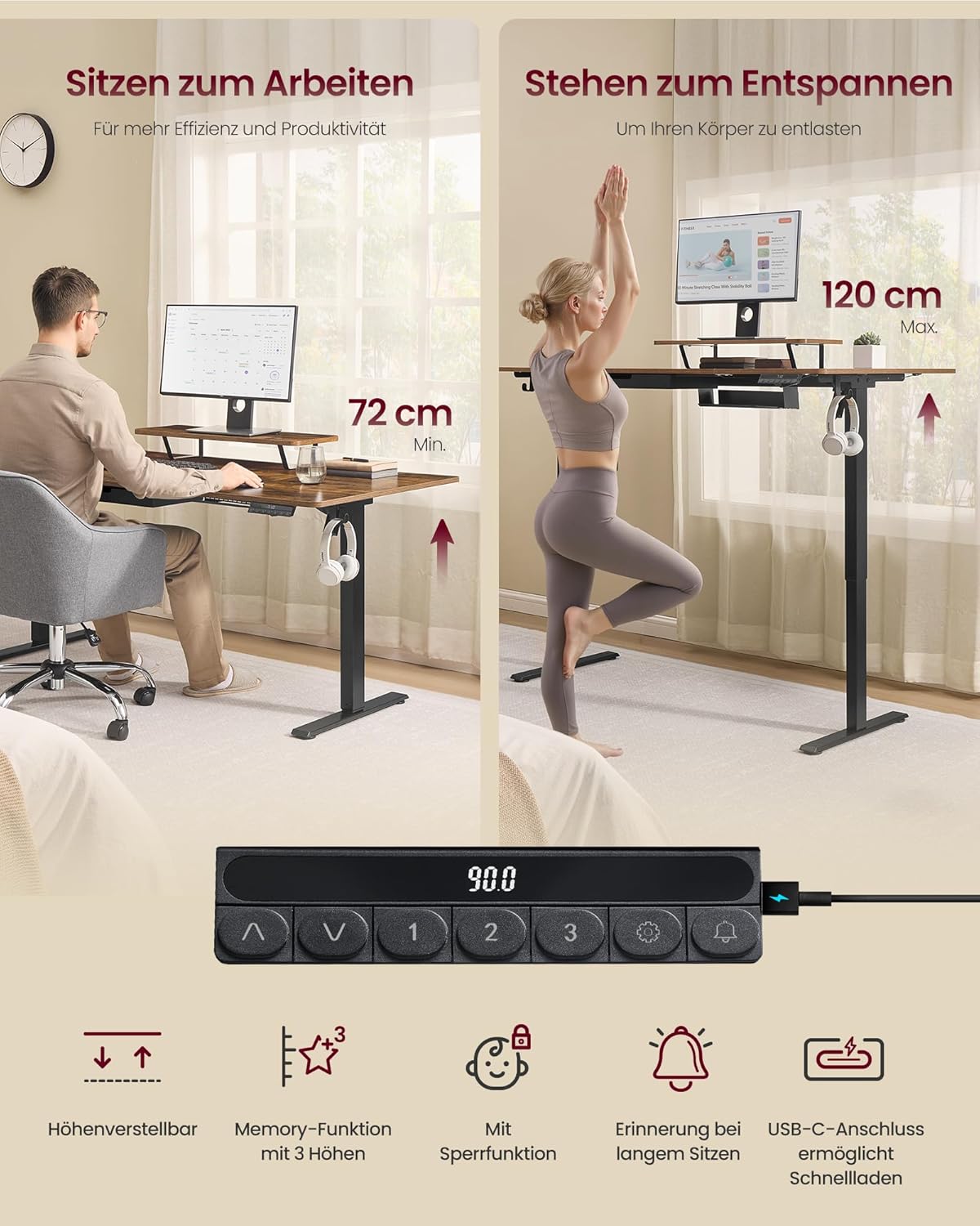VASAGLE Höhenverstellbarer Schreibtisch, 160 x 80 cm, flexibel montierbarer Monitorständer, Schublade, USB-C-Anschluss, Erinnerung bei langem Sitzen, für Büro, vintagebraun LSD156KD01
