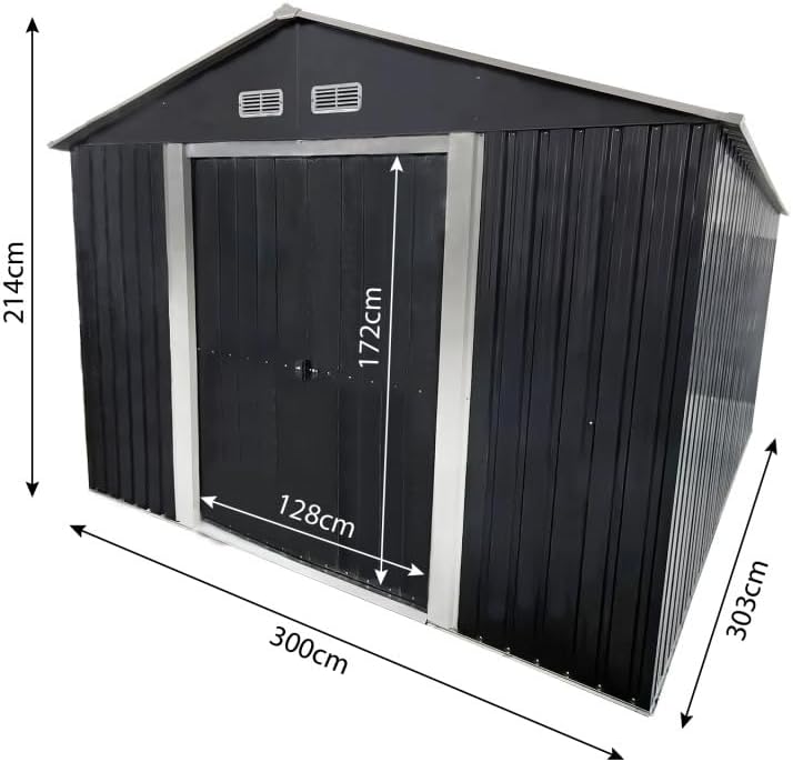 4iQ Metall Gerätehaus 9 m² – Stahl Gartenhaus 303 x 300 x 214 cm, verzinkt, Schuppen für Werkzeug, Fahrräder & Gartengeräte, Anthrazit