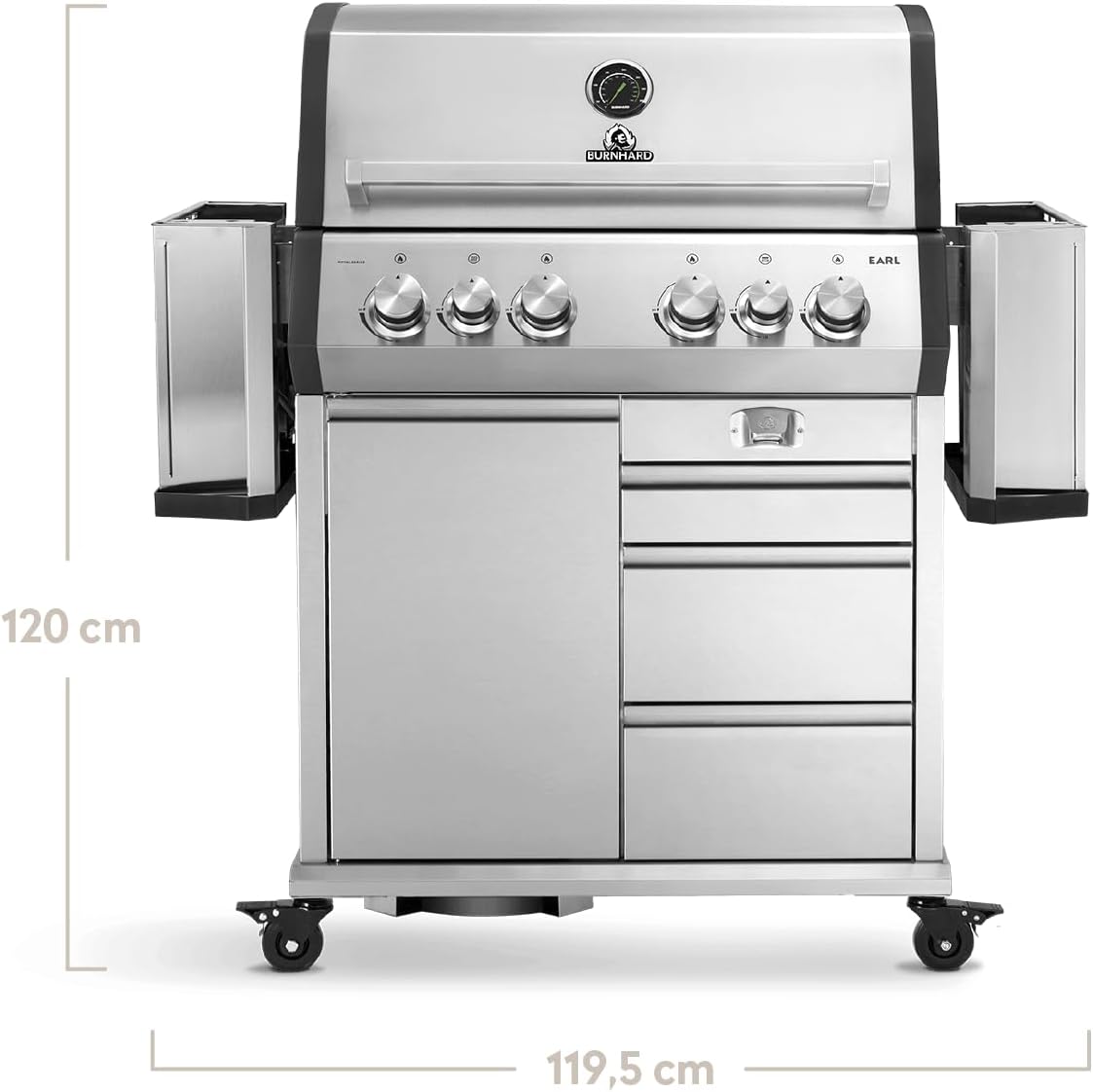 BURNHARD® 4-Brenner Gasgrill Edelstahl inkl. Heckbrenner, mit Edelstahl Grillrost & inkl. Abdeckhaube, Seitenkochfeld mit Infrarot Keramikbrenner - Big EARL