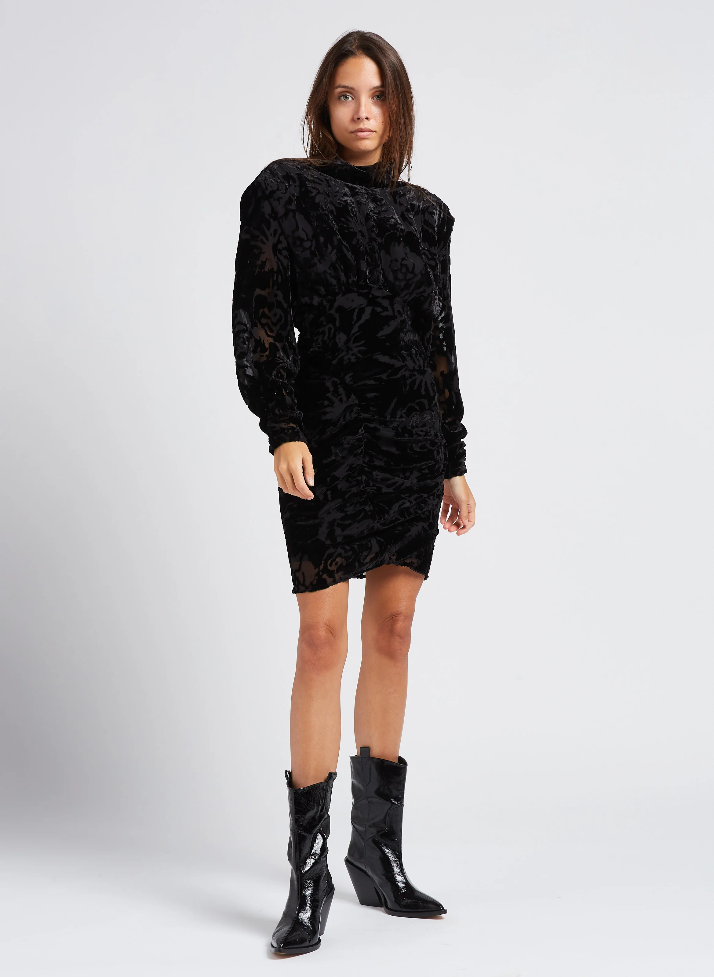 NARIVO - Robe droite courte à col montant en jacquard| Noir