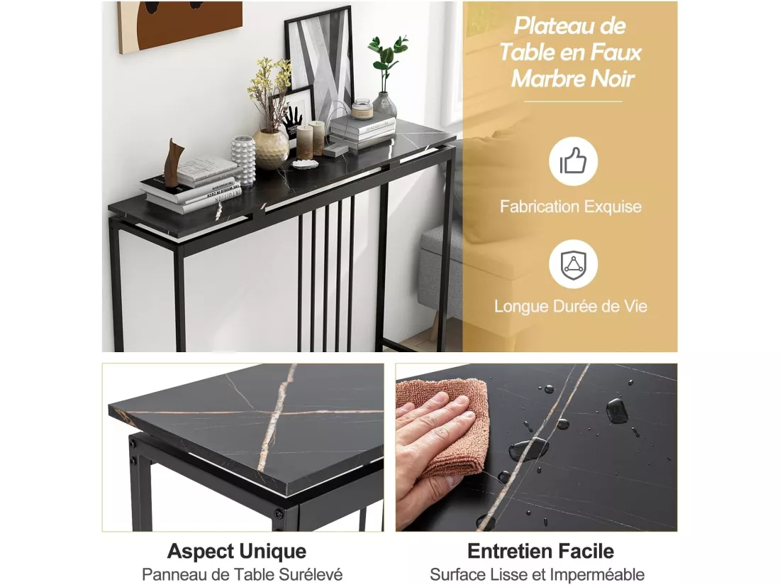 Table Console en Faux Marbre, Meuble Console Entrée avec Cadre en Acier Enduit de Poudre, Table d'Entrée avec Kit Anti-basculement pour Salon, Couloir, 120x30x90cm (Noir）