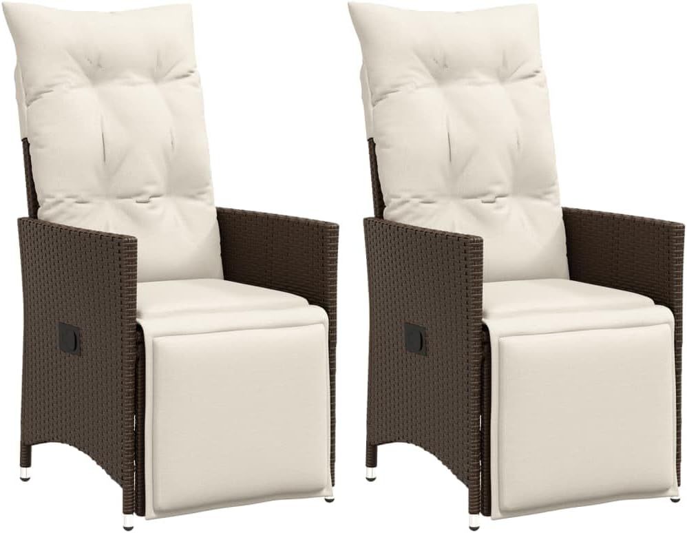 Gartensessel mit Kissen 2 STK.Verstellbar Braun Poly Rattan Verstellbar Gartenstuhl mit Stahlrahmen, Loungesessel für Außenbereich
