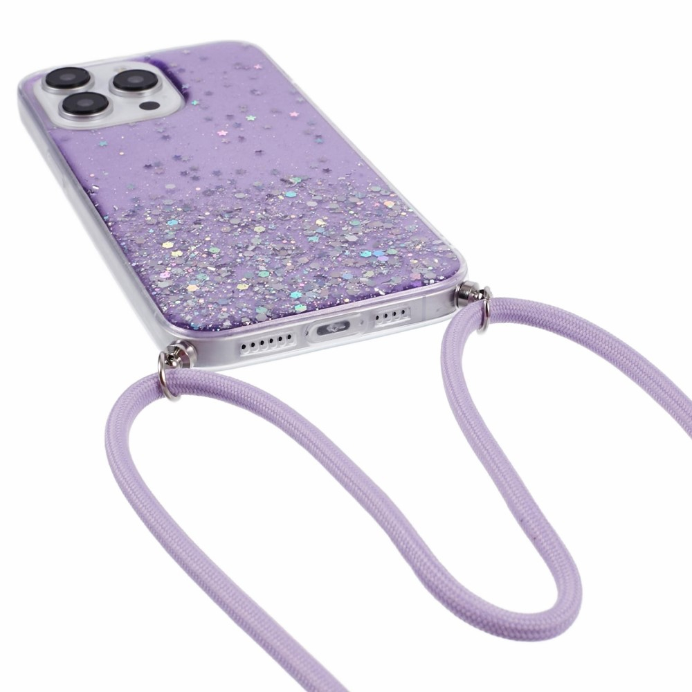 iPhone 15 Pro Max Necklace Gummi Hülle im Glitzer Design   Handykette (140cm) - Lila / Transparent