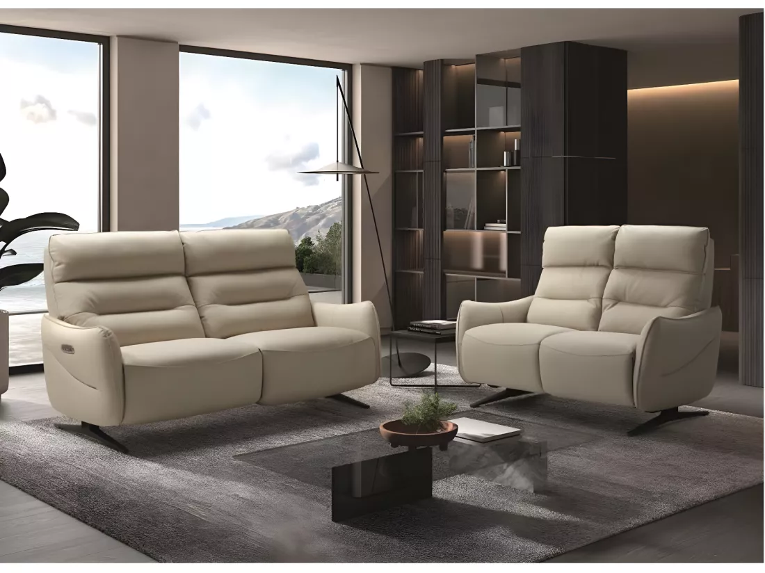 Canapé de relaxation en cuir Kondonia-Couleur Beige-Système Fixe - sans relax-2 places