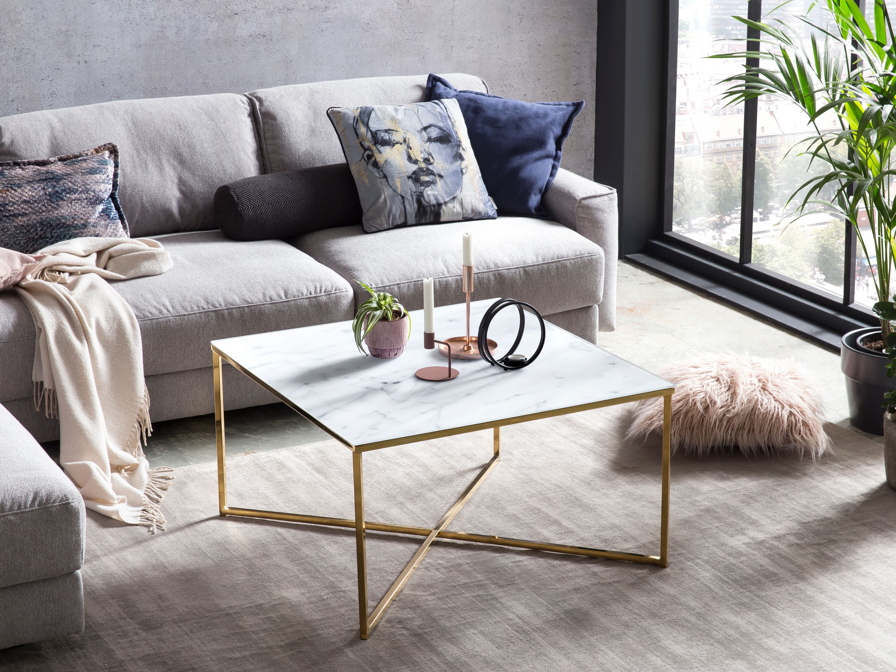 Couchtisch 80x80 Marmor Optik Glastisch Sofatisch Beistelltisch Wohnzimmer Tisch