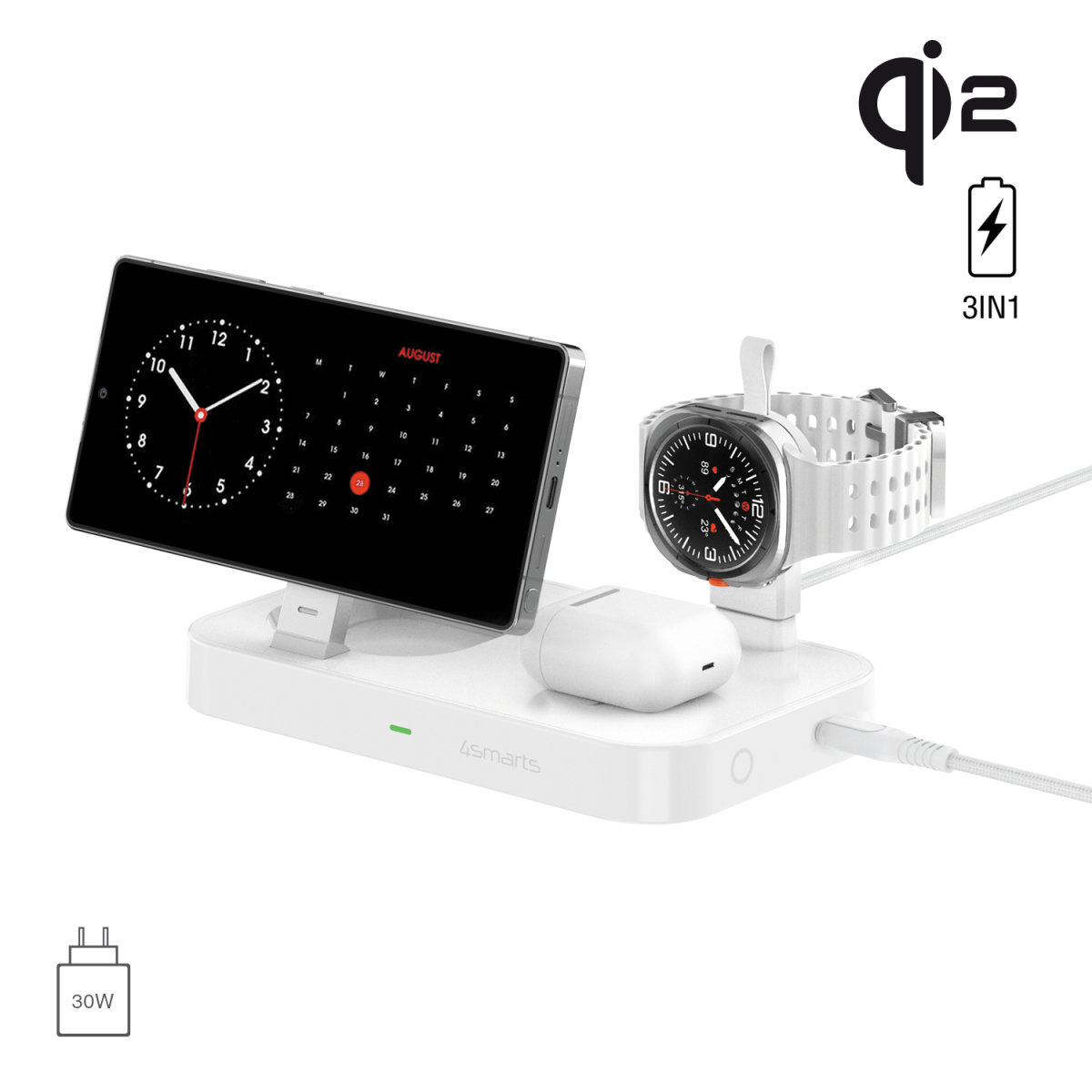 (25W) 3in1 Qi2 Trident MagSafe Wireless Charger für Samsung Galaxy Watch inkl. (35W) Netzteil   USB C Kabel (4S541368) - Weiss