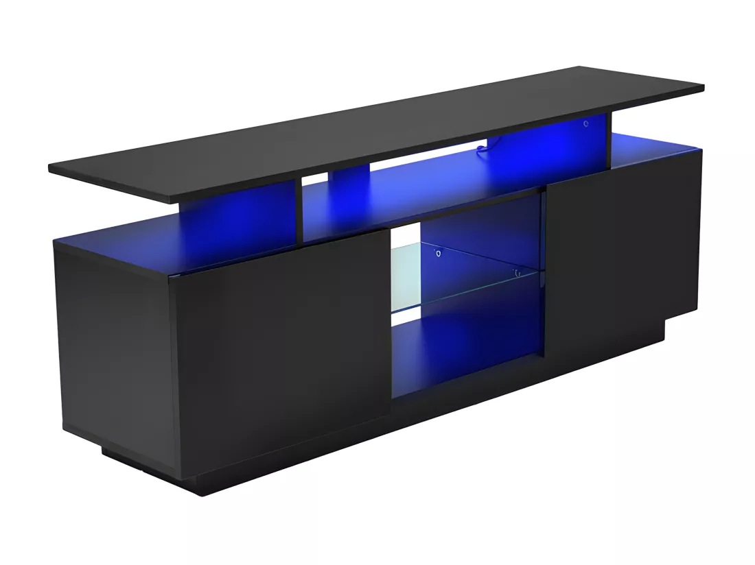 Meuble TV 140 cm avec éclairage LED en 16 couleurs - avec cloisons vitrées - Noir