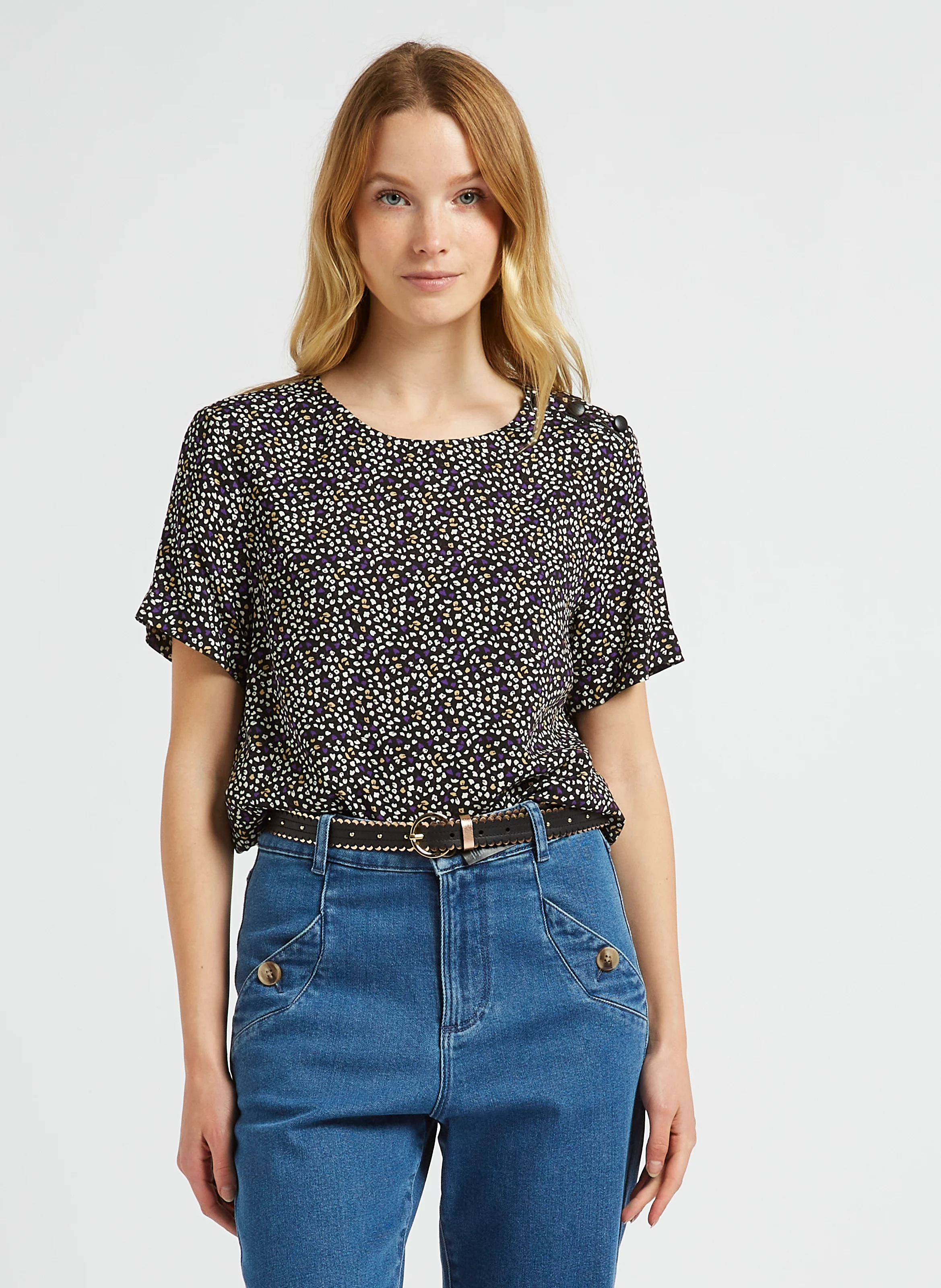 Top fluide col rond imprimé| Violet