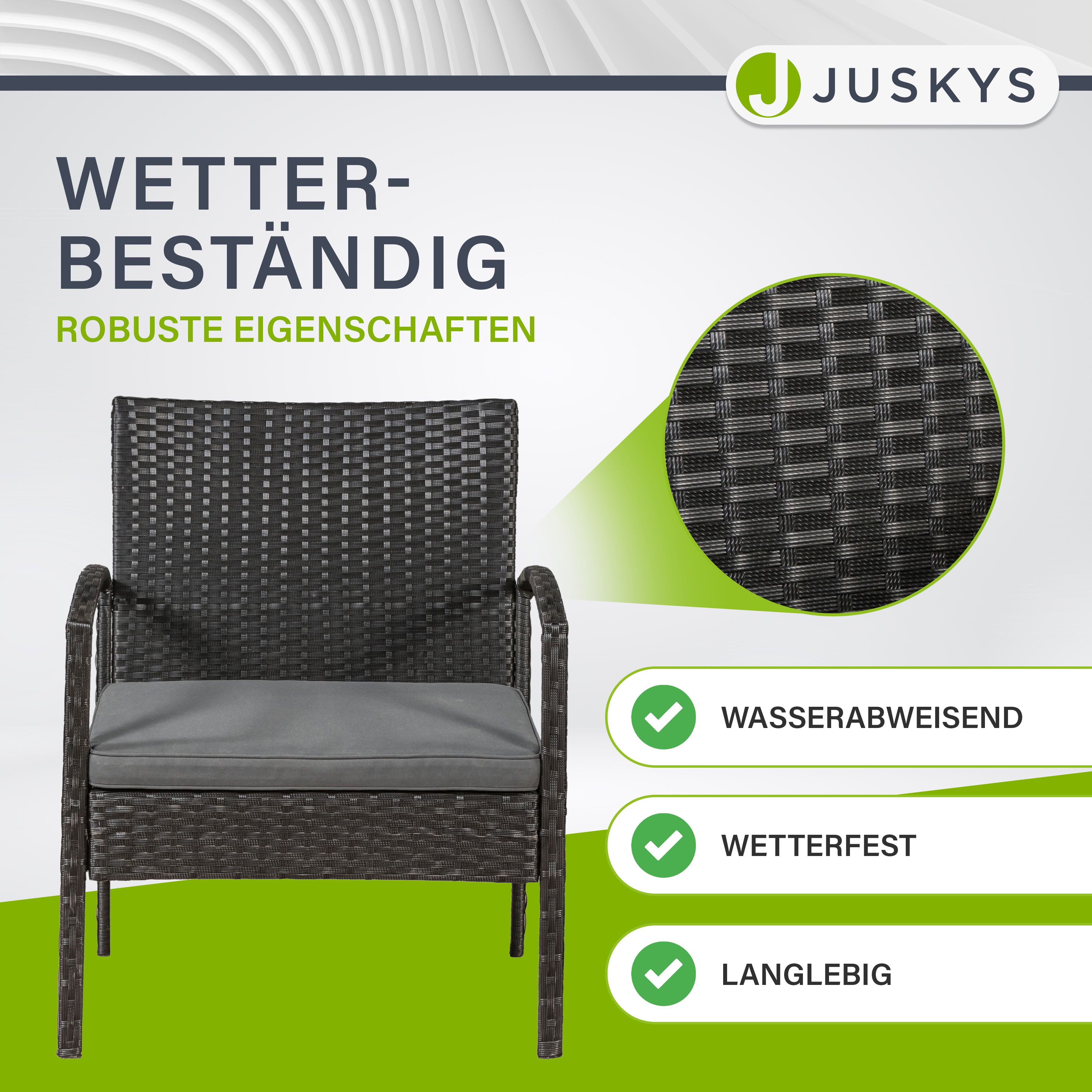Juskys Polyrattan Balkonmöbel Trinidad schwarz, 4 Personen - Tisch, Bank, 2 Stühle, graue Auflagen
