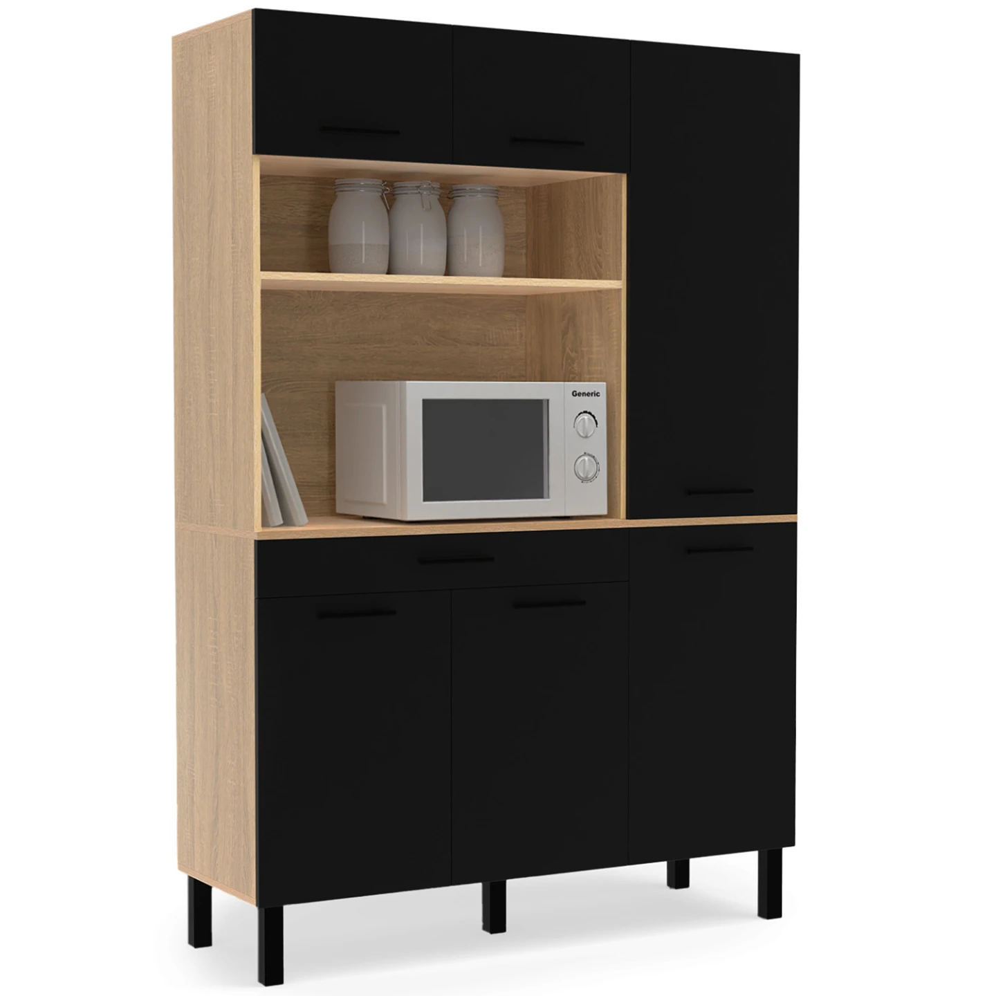Buffet de cuisine avec colonne de rangement 120 CM CINA 6 portes + tiroir façon hêtre et noir