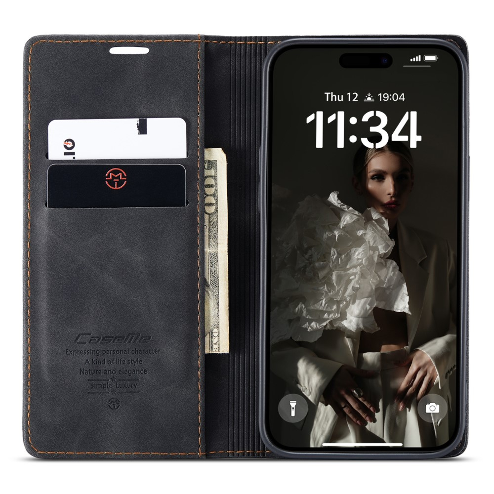 iPhone 16 Leder Tasche Flip Wallet Etui mit Kartenfächern - Schwarz