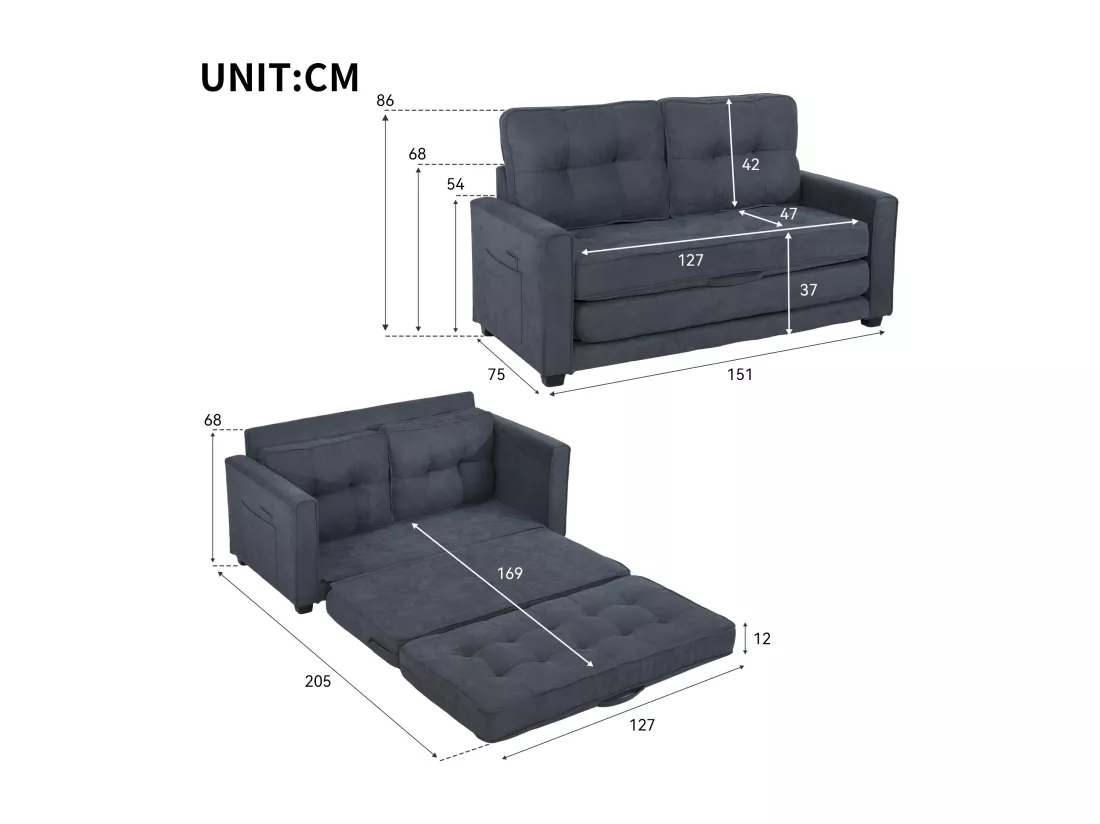 Canapé double, canapé avec fonction de couchage, design moderne, canapé-lit, canapé de salon avec poches latérales