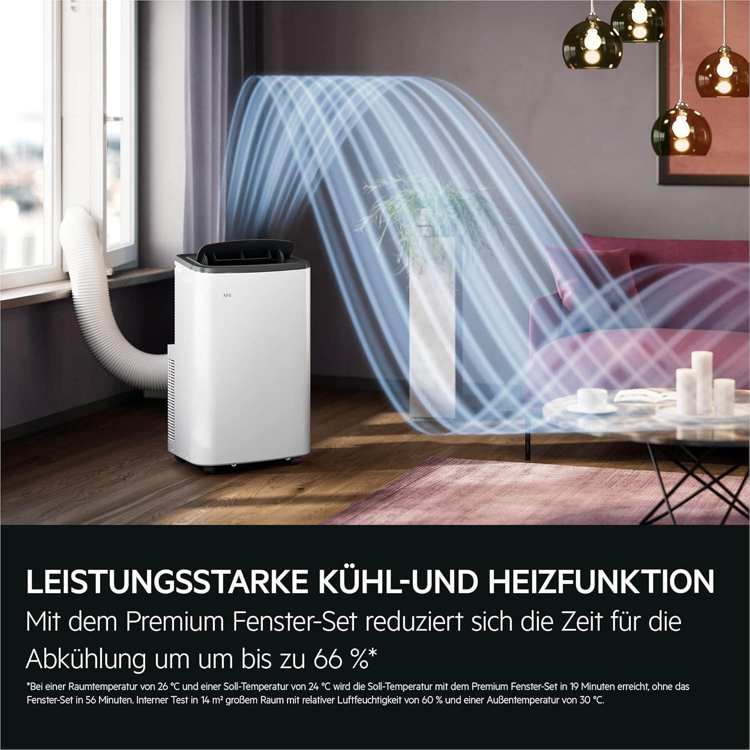 AEG Comfort 6000 AXP26U559HW mobiles Klimagerät/LED Display/Touch-Bedienung / 30-40 m² / 61 dB(A) / Kühlen/Heizen/Ventilator/Entfeuchtungsfunktion/Automatik/App-Steuerung/weiß/schwarz