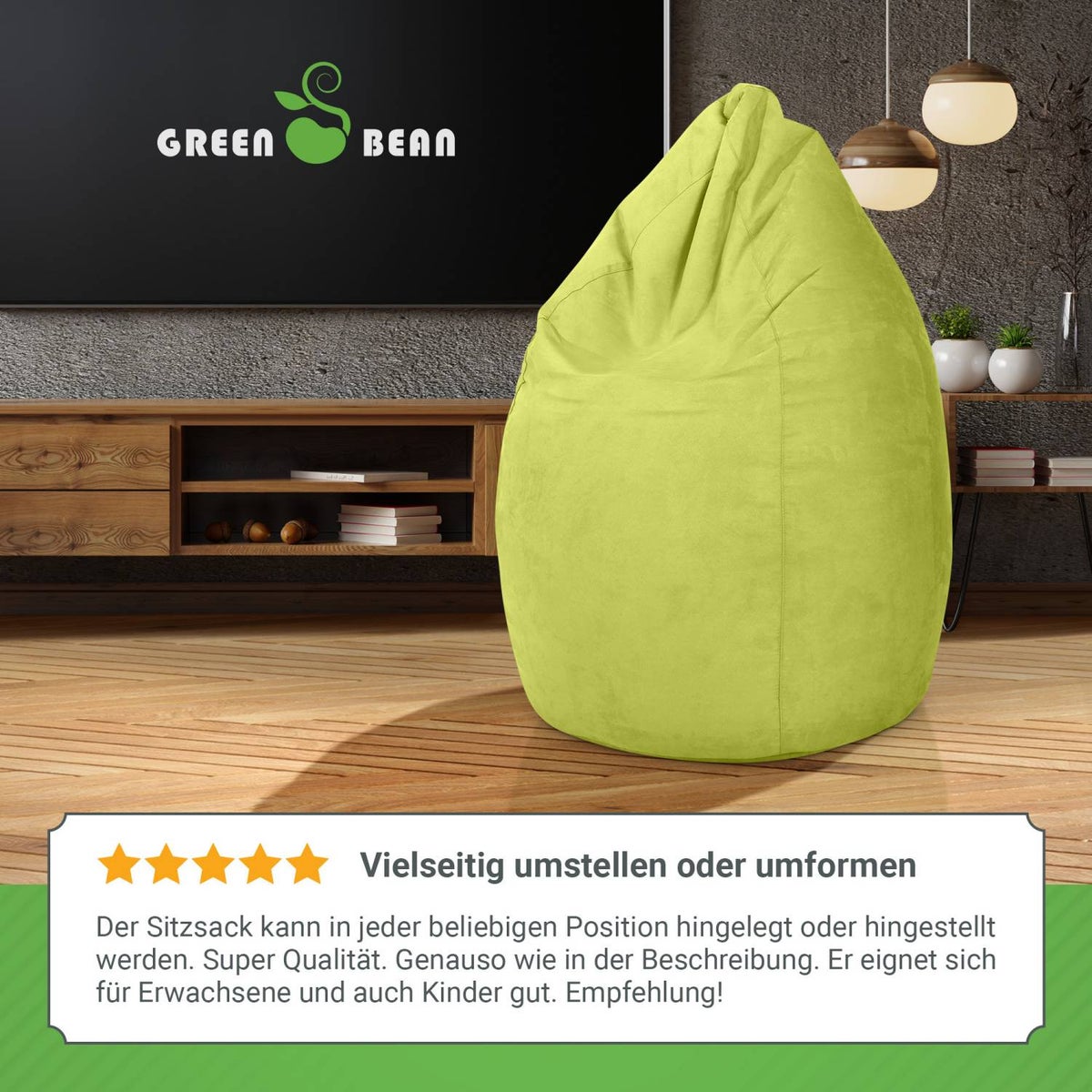 Green Bean Zitzak met rugleuning 60x60x90cm - Binnenzitkussen 220L vulling, comfortabel, wasbaar - Zitzak vloerkussen, loungestoel, voetenbank - Groen