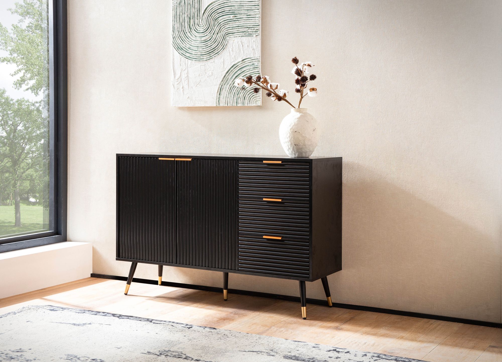 Sideboard FineBuy Anrichte 120 cm Schwarz Eiche Dekor Kommode Standschrank