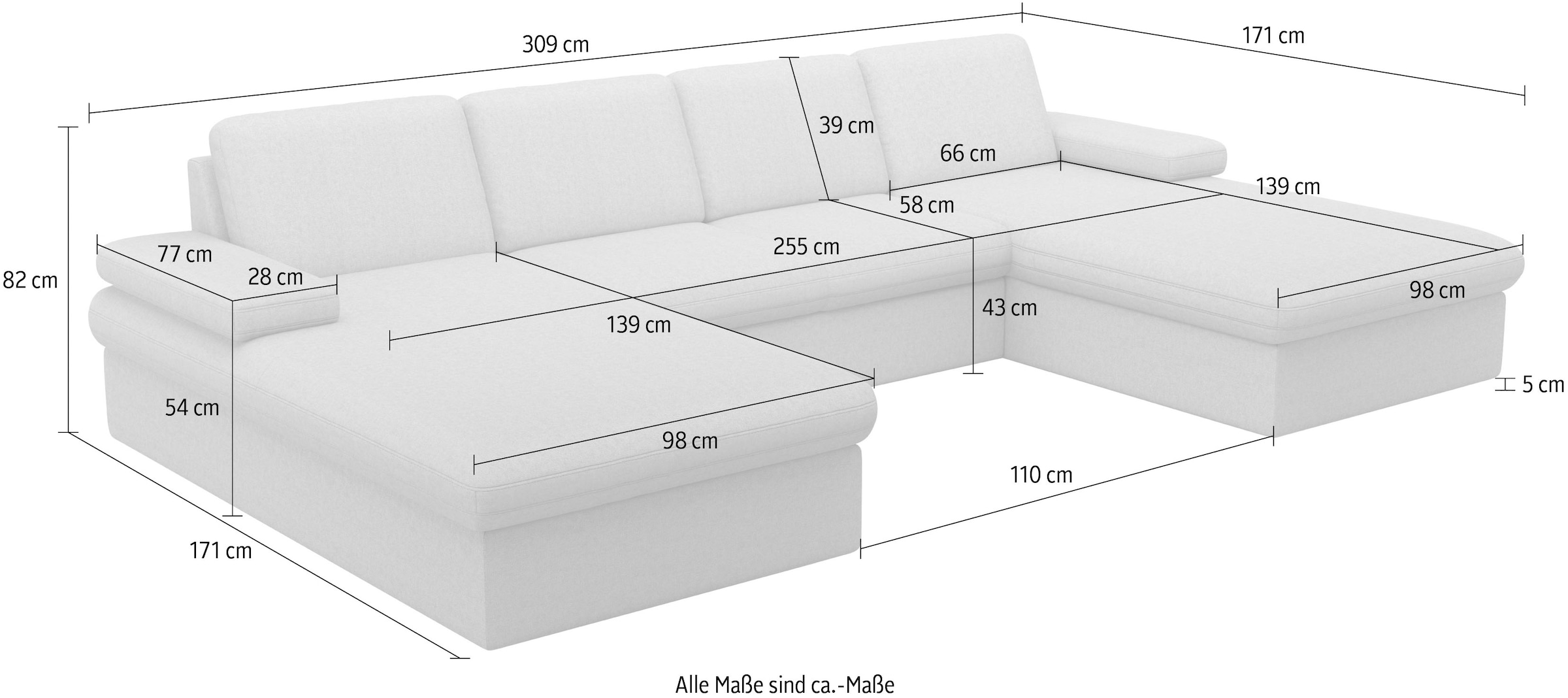 sit&more Wohnlandschaft »Moreno U-Form, B: 309 cm« mit Armteilverstellung, optional Bettfunktion