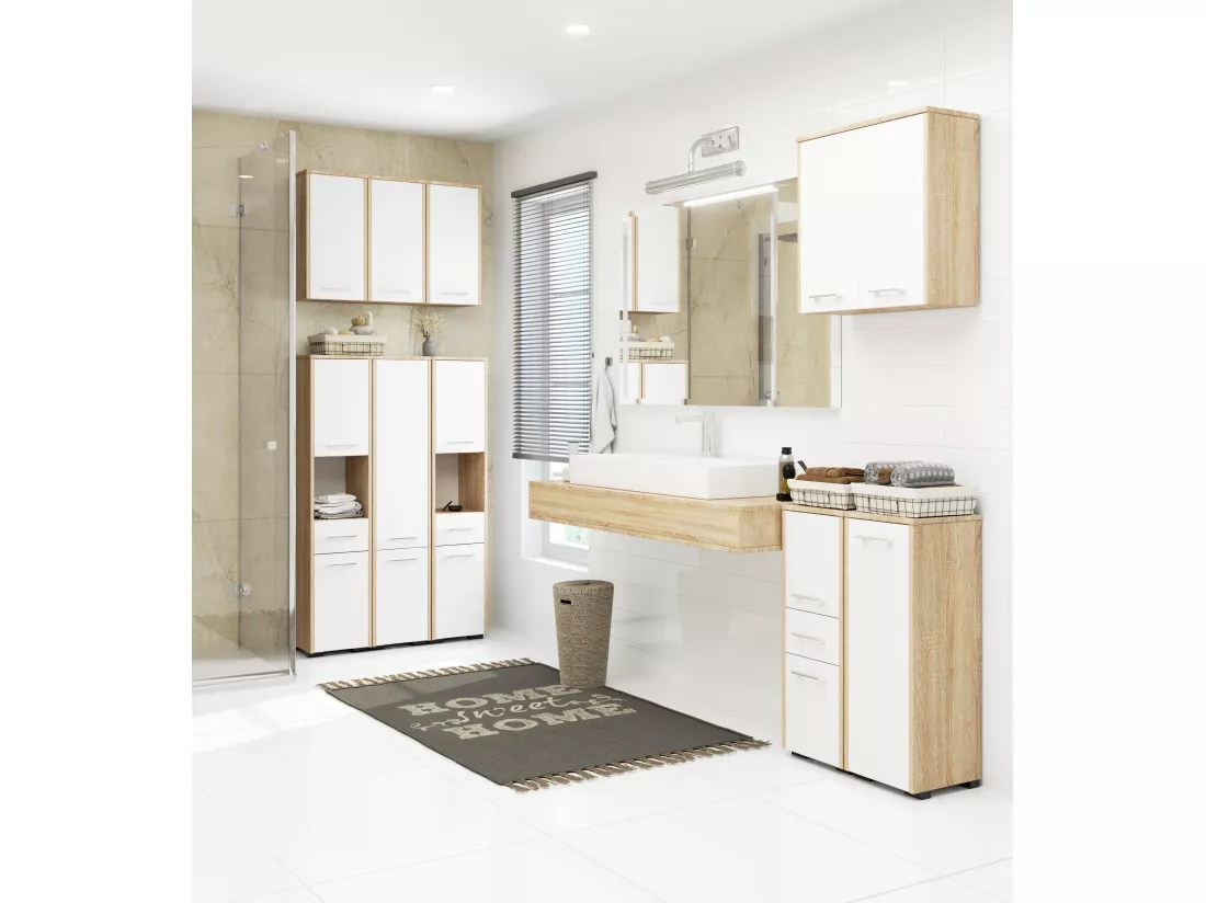 Armoire salle de bains AKORD FIN accr. au mur Chêne Sonoma 60 cm 2 portes façade Blanche 2 étagères 60x22,5x60 cm
