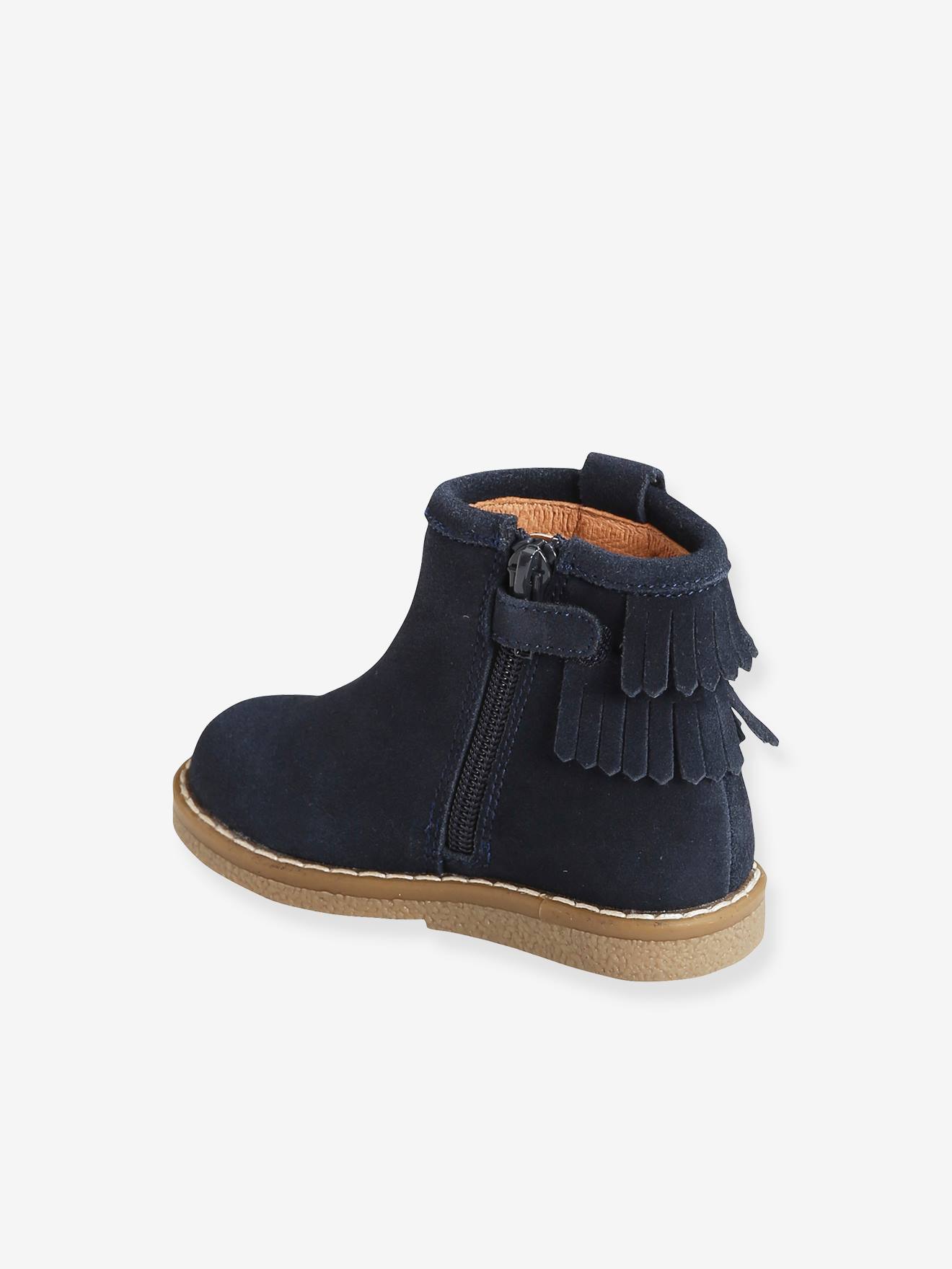 Botas de tornozelo de couro com franjas, lisas, azul-escuras, para bebê menina, com estampas.