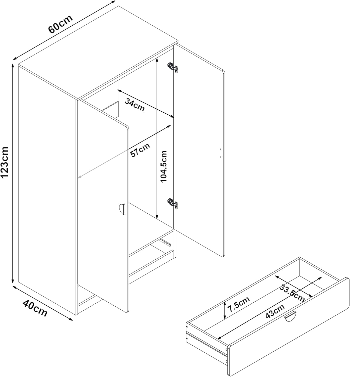 [en.casa] Kinderkleiderschrank Sandnes Garderobenschrank mit 2 Türen und 1 Schublade Kleiderstange Kinderzimmer 123 x 60 x 40 cm Mintgrün/Weiß