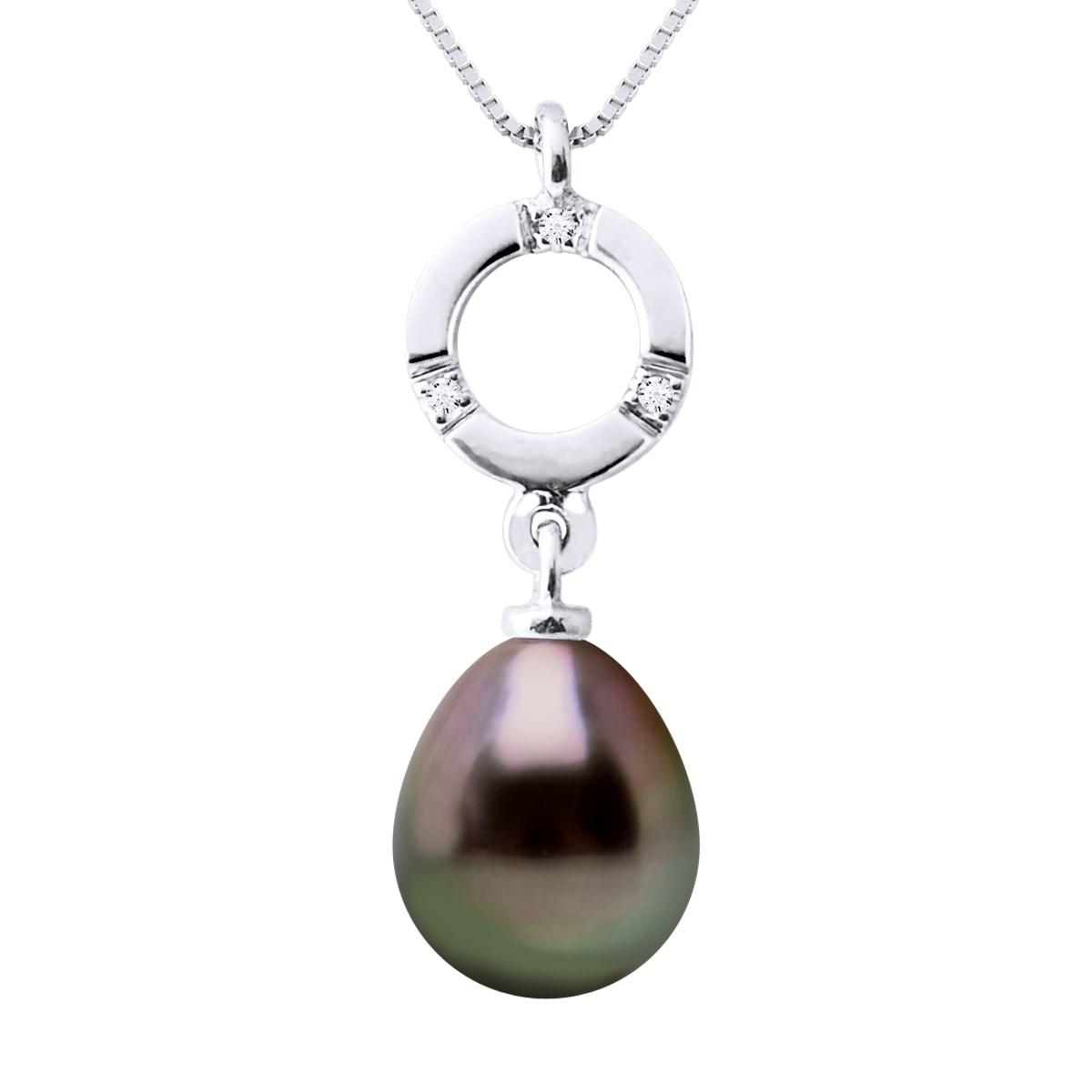 Pendentif Diamants 0,010 Cts Perle de Culture de TAHITI Poire 8-9 mm Or Blanc
