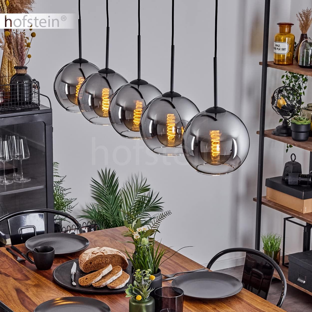 Hängeleuchte Koyoto, Hängelampe aus Metall/Glas in Schwarz/Chromfarben/Klar, Leuchte 5-flammig im Vintage/Retro Design mit Schirmen aus Glas (Ø 20 cm), Höhe max. 152,5 cm, 5 x E27, ohne Leuchtmittel