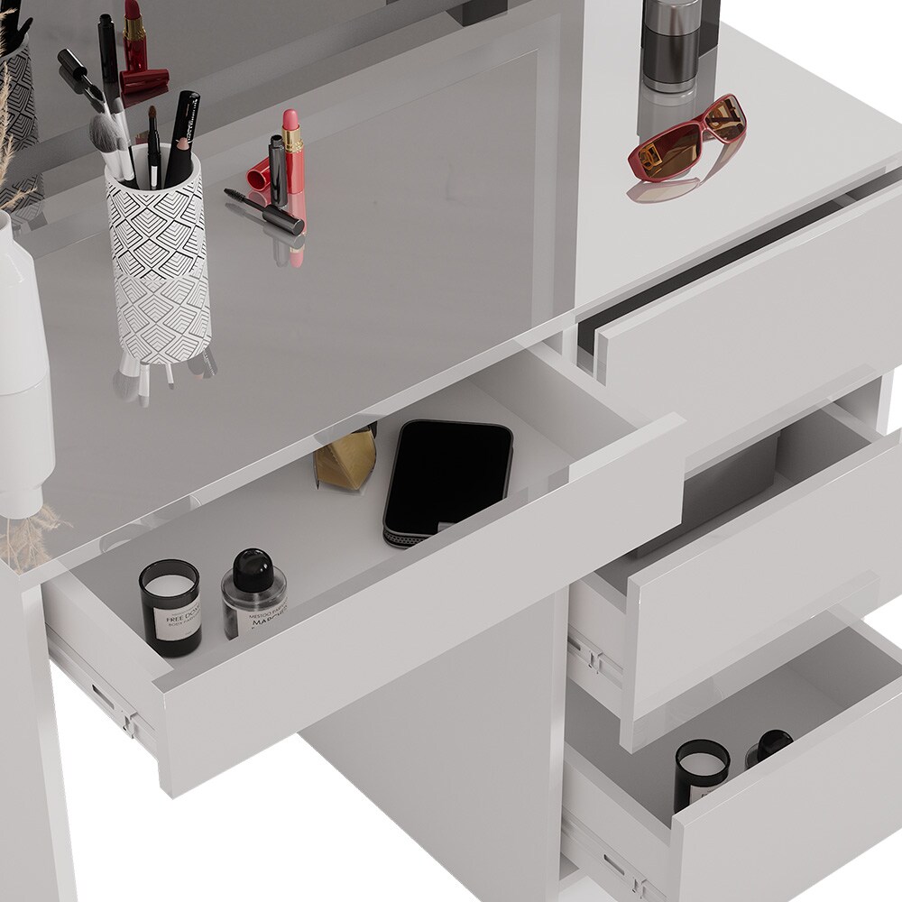 Vicco Schminktisch Sherry 90x75cm, Weiß, Frisiertisch mit Hocker + LED-Spiegel