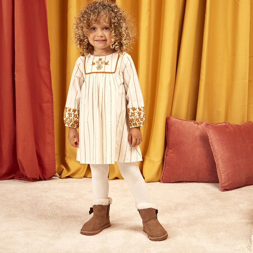Robe manches longues à rayures brodées pour bébé fille - Ecru