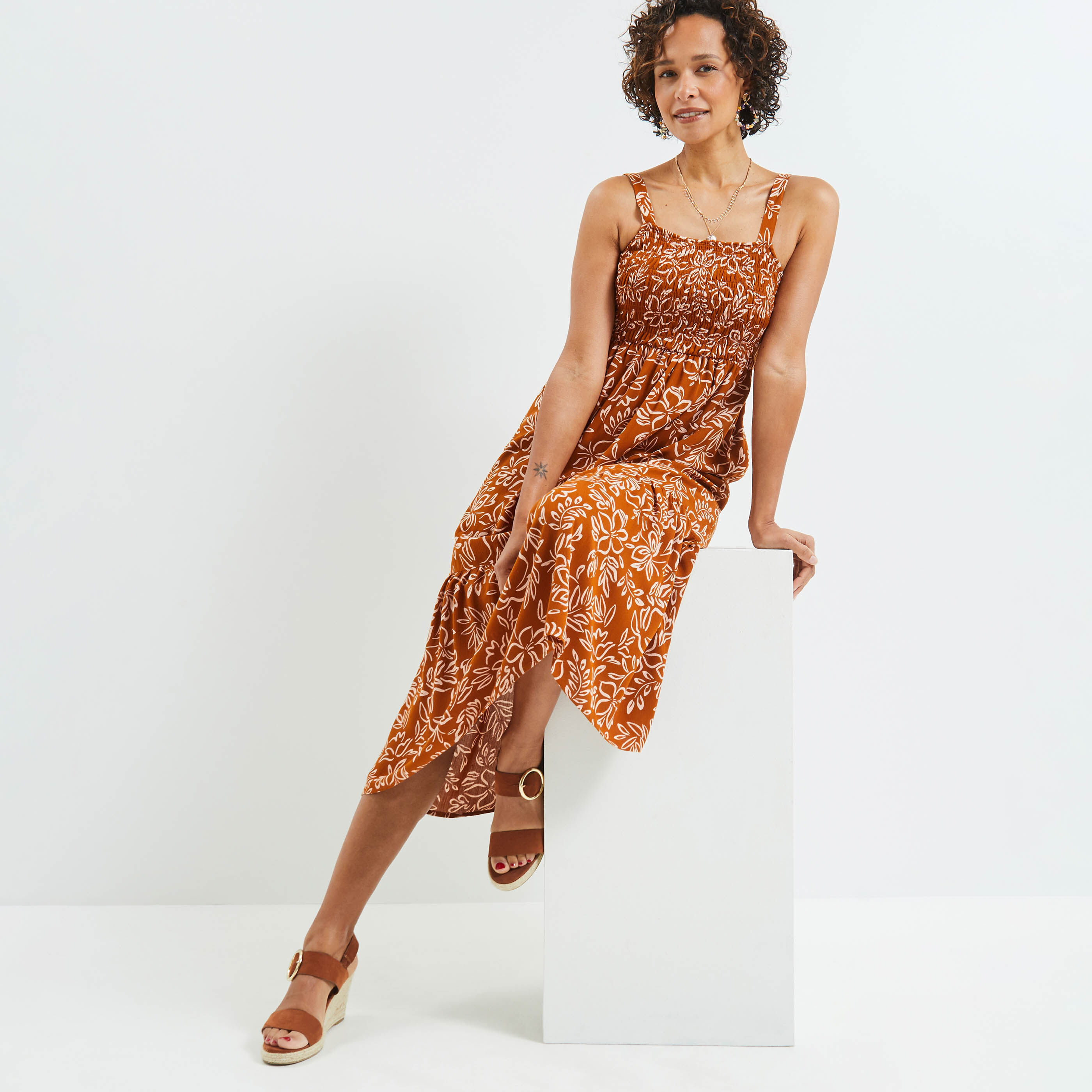 Robe longue imprimée femme - CAMEL
