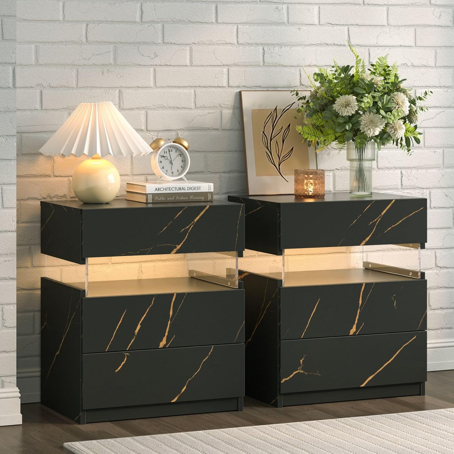 2 Stück Nachttisch mit LED Nachtschrank Modernes mit 3 Schublade Nachttische Beistelltisch für Schlafzimmer, Wohnzimmer, Büro,Schwarz+Gold