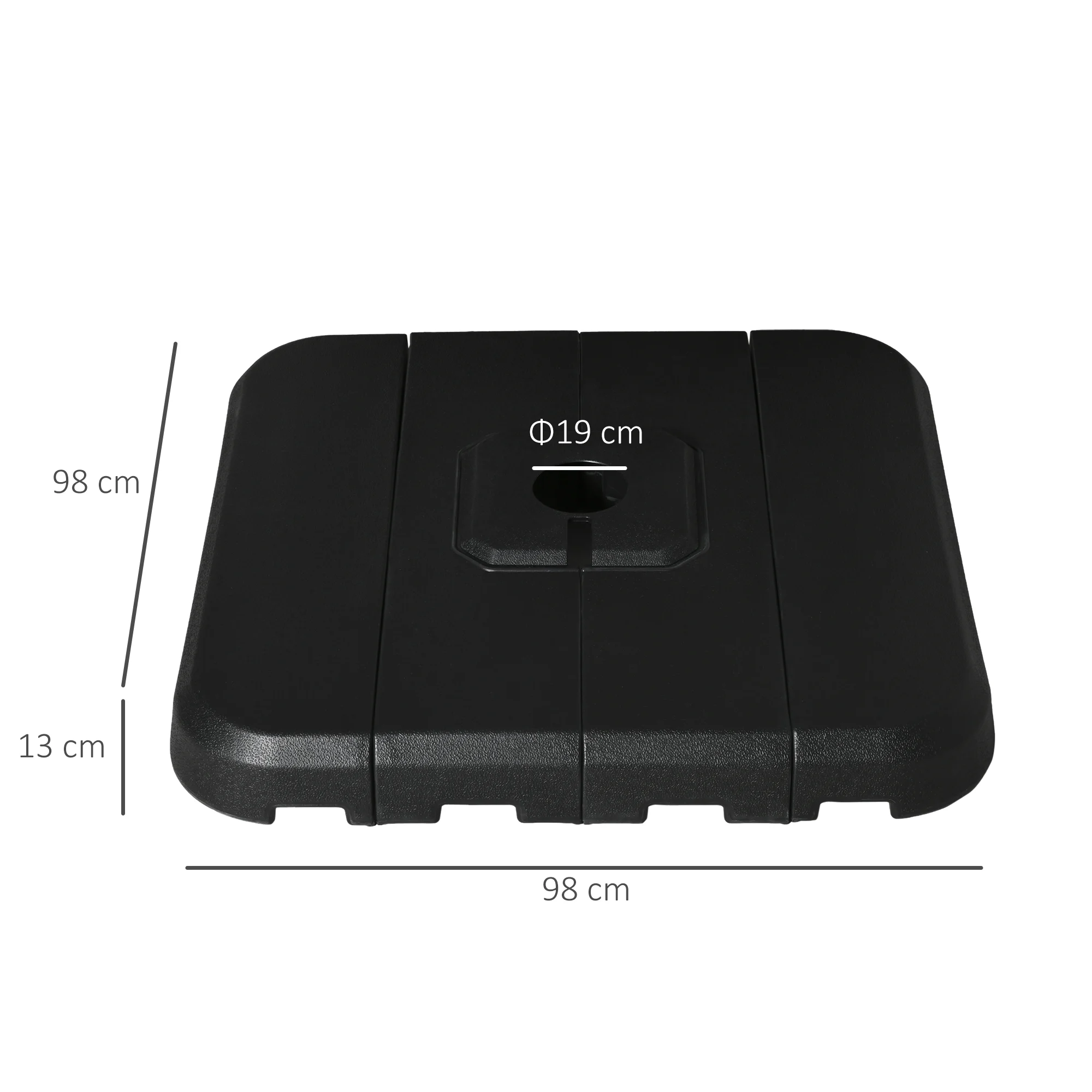Base para guarda-sol Outsunny de 4 peças, enchível com água (90 kg) ou areia (130 kg), pesos de base cruzada para guarda-sol de jardim, terraço e pátio, 98x98x13 cm, preta