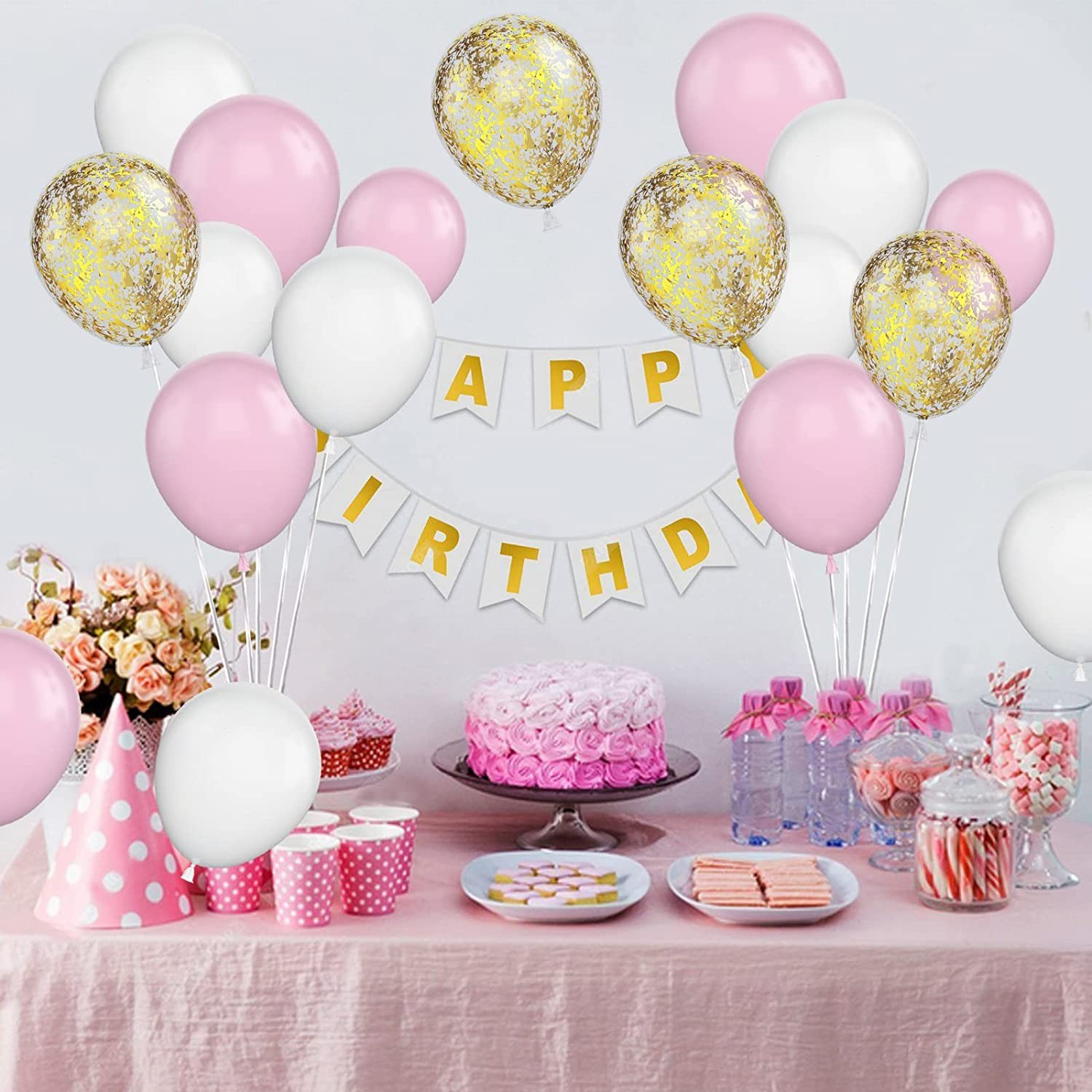 (30er Set) Party Deko Ballons Latex Luftballons mit Konfetti - Rosa / Weiss / Gold