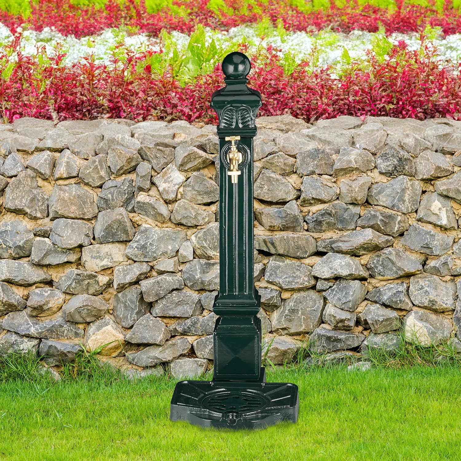 Relaxdays Standbrunnen, Wasserzapfstelle in Antik Look, Säule mit Wasserhahn & Becken, HBT: 80 x 28 x 32 cm, dunkelgrün, Grün
