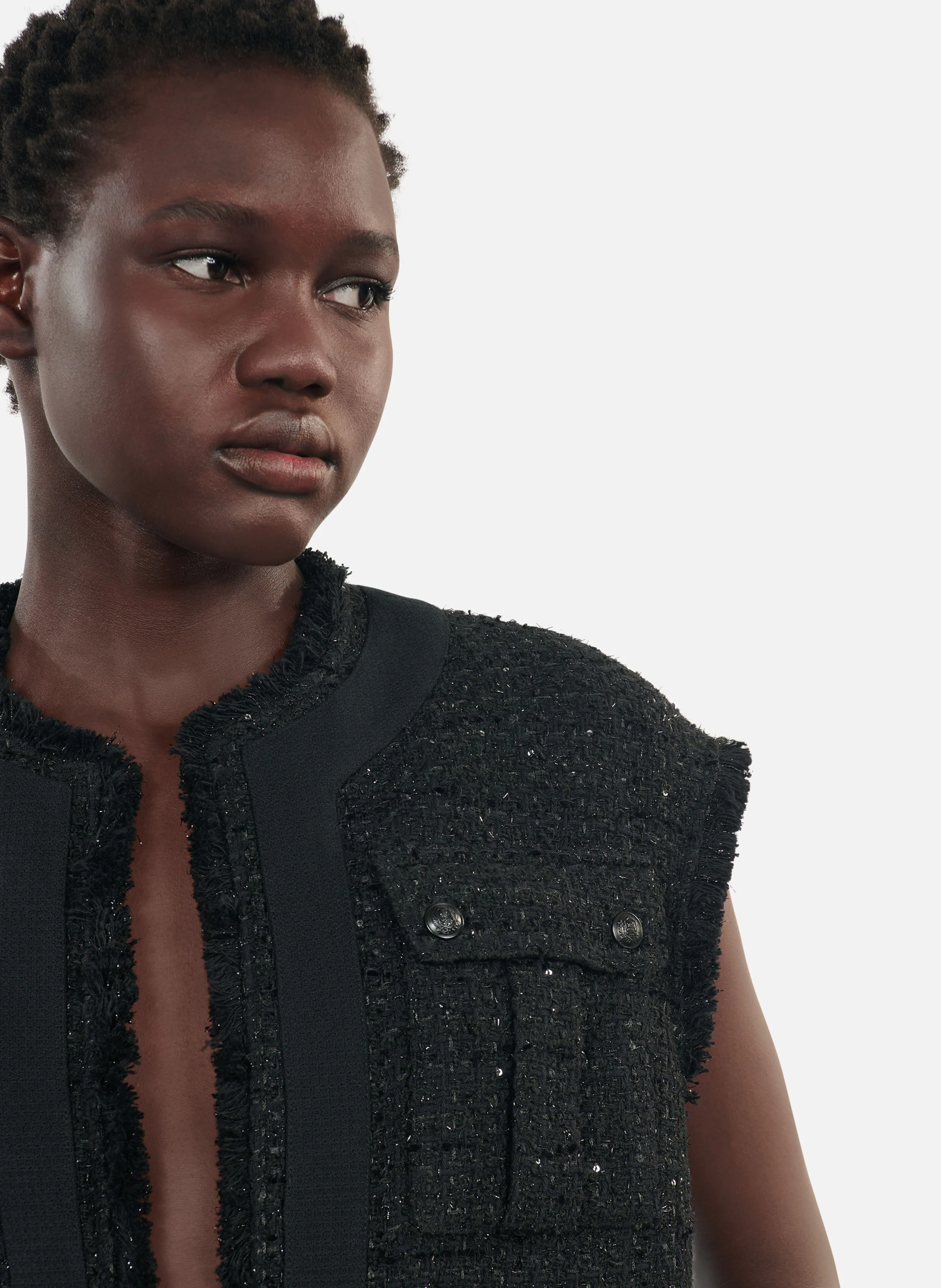 Veste sans manches ample col rond entweed | Noir