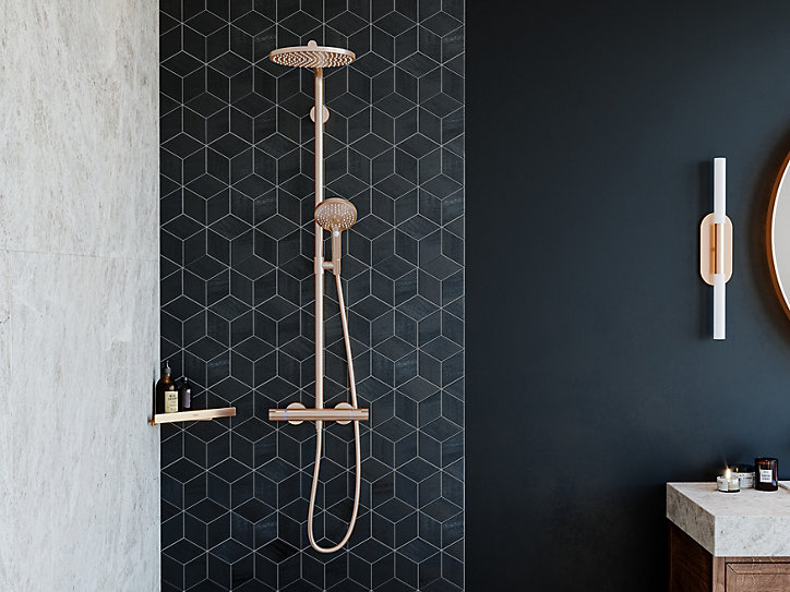 Colonne de douche thermostatique avec pommeau + douchette 1 jet + flexible + barre réglable, bronze brossé, Hansgrohe Select S240 PowderRain