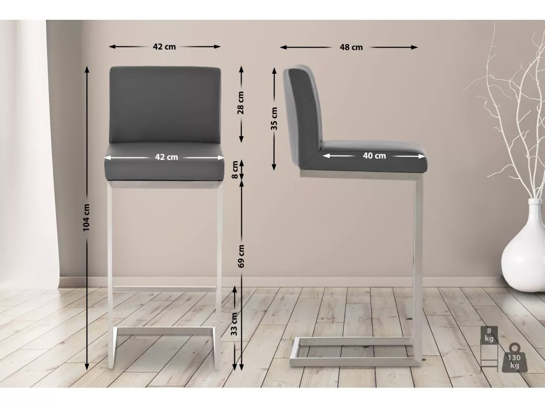 Lot de 2 Tabouret de bar - Similicuir - Gris - Paros