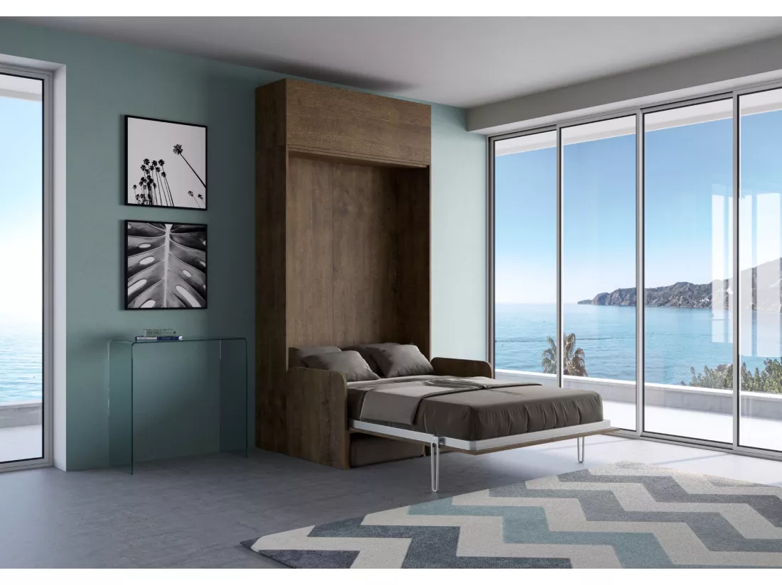 Armoire lit escamotable vertical 140 Kentaro Sofa avec èlèment haut Noyer