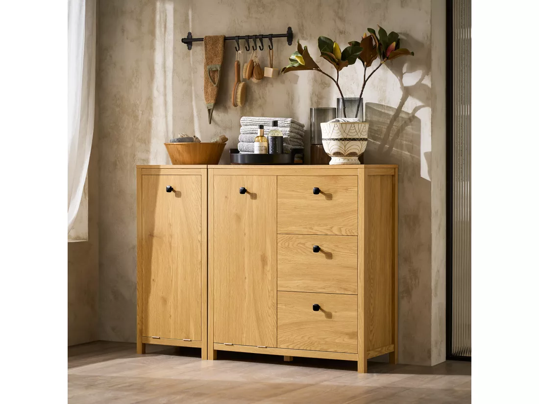 SoBuy Armoire à Linge avec Sac à Linge, Meuble Bas de Salle de Bain, Commode pour Salle de Bain, Armoire Toilette avec 3 Tiroirs et 1 Panier à Linge, Naturel Foncé, 80x35x90 cm, BZR97-SN