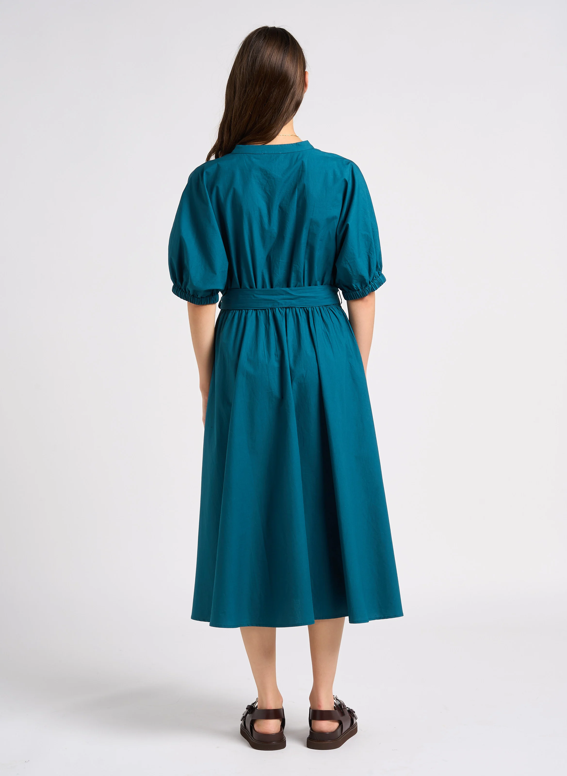 CORDELIA - Robe midi cintrée en coton| Bleu