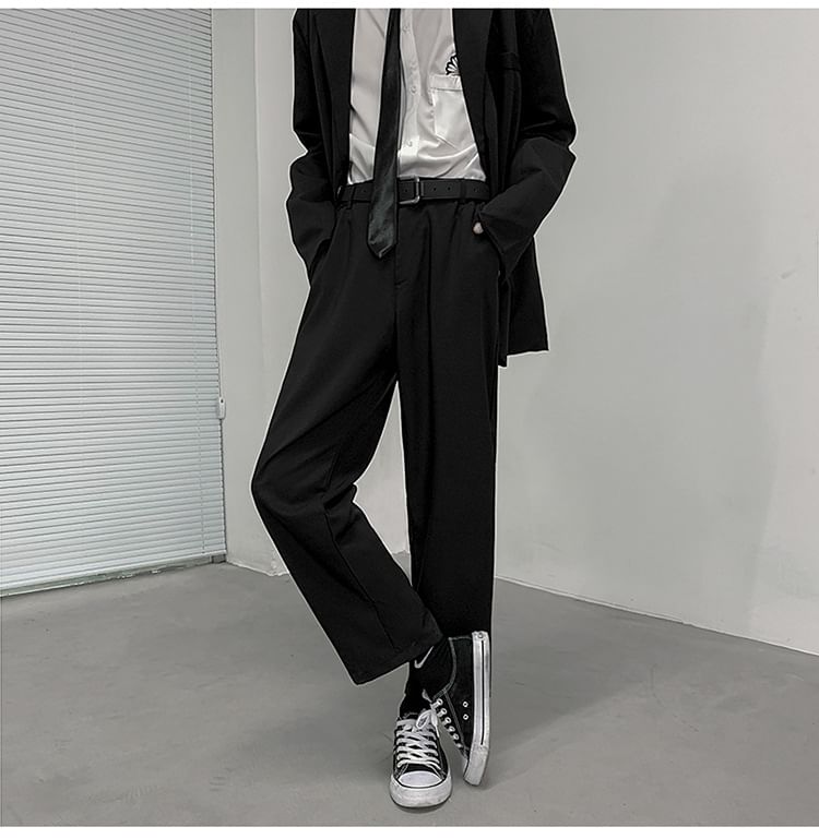 Sinlarity - Mid Rise Plain Cropped Straight Leg Dress Pants