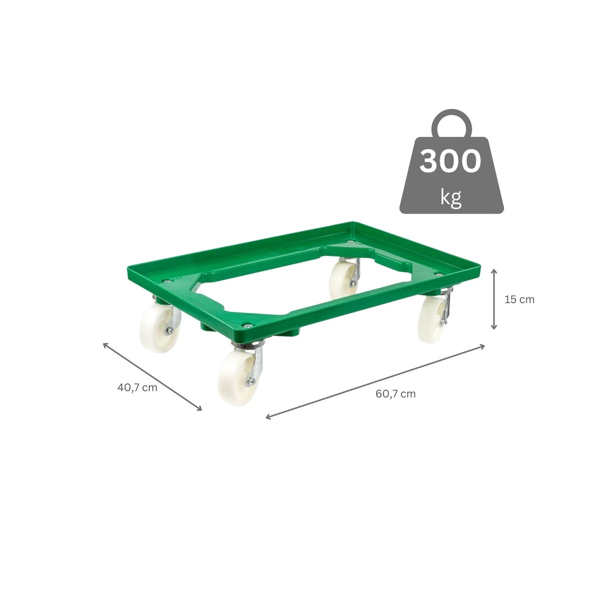 PROREGAL Voordeelset 2x Transportwagens voor Euroboxen 60 x 40 cm met Groene Kunststof Wielen, Open Dek, 4 Zwenkwielen, Draagvermogen 300 kg