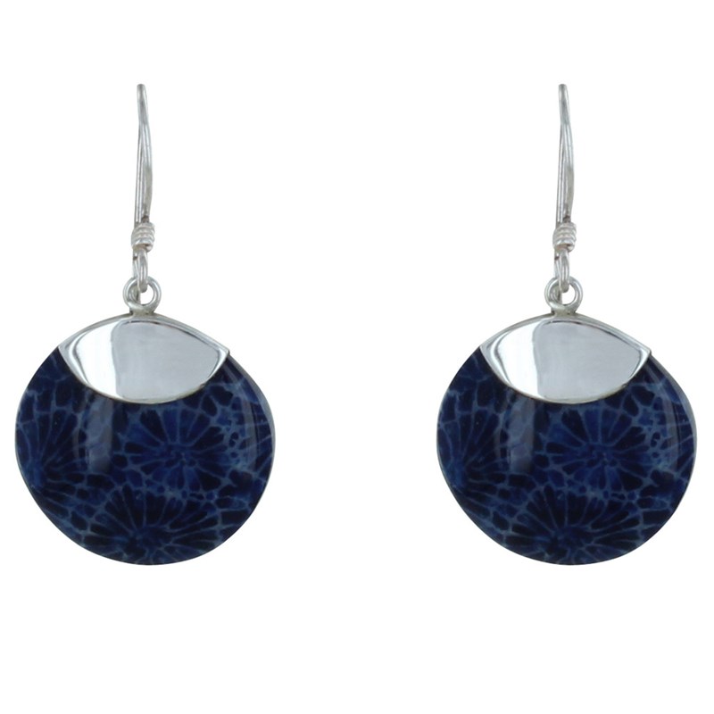 Boucles d'Oreilles Argent Disque Coquillage Teinté Bleu